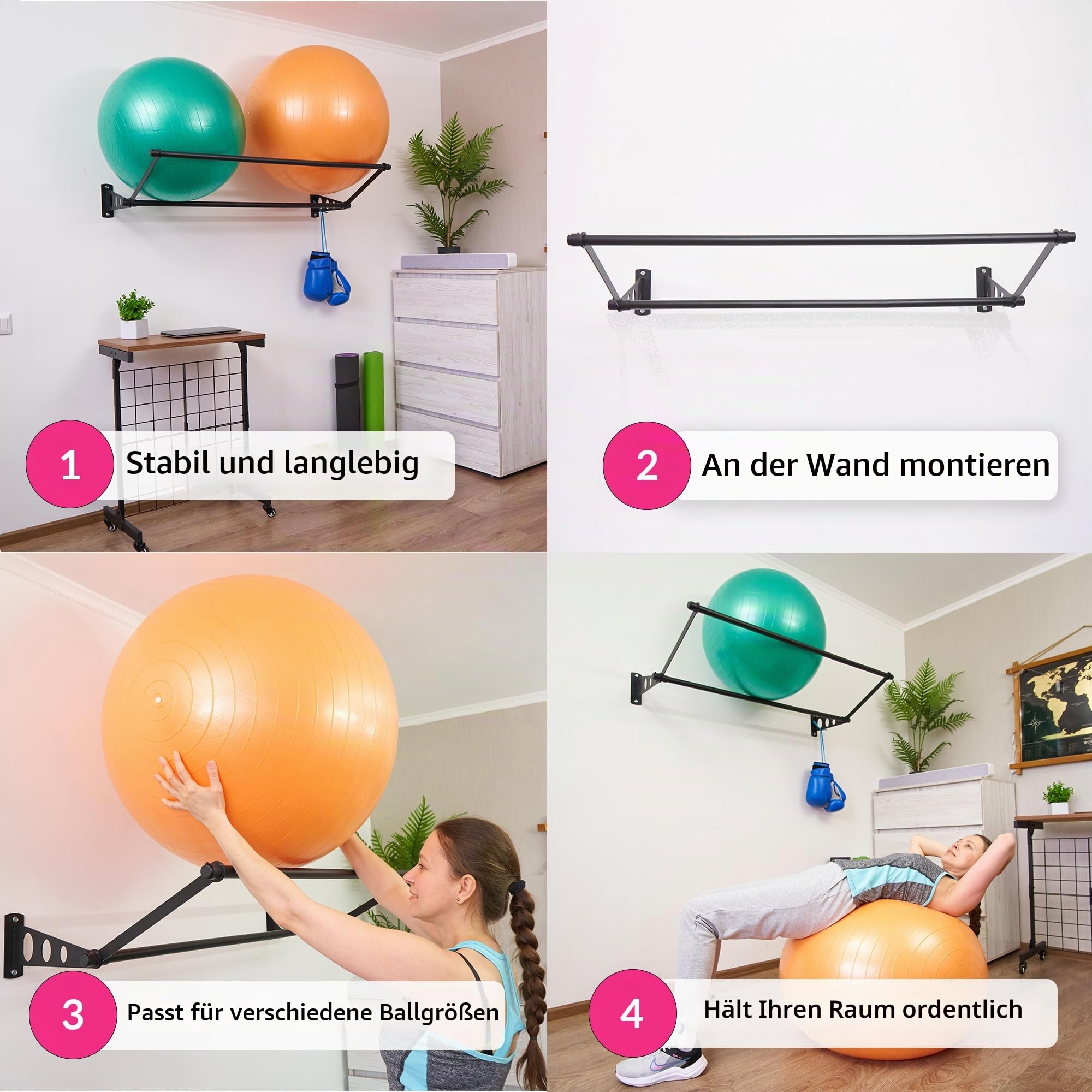 Halterung für Gymnastikball | Ball Halterung Wand | Gymnastikball Halterung für Fitness-Center, Heimstudio, Schule/Sporthalle, Sportverein | Matt-schwarz