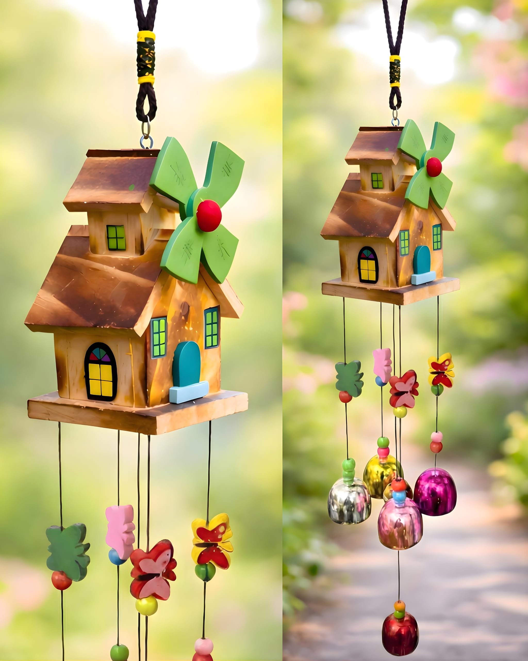 sculpmart Wooden Home Wind Chime with Windmill - 5 Rainbow Bells & 4 Butterfly for Home & Balcony Decor | Gifting & Positivity with Melody Sound (Rainbow Bells)-image-22