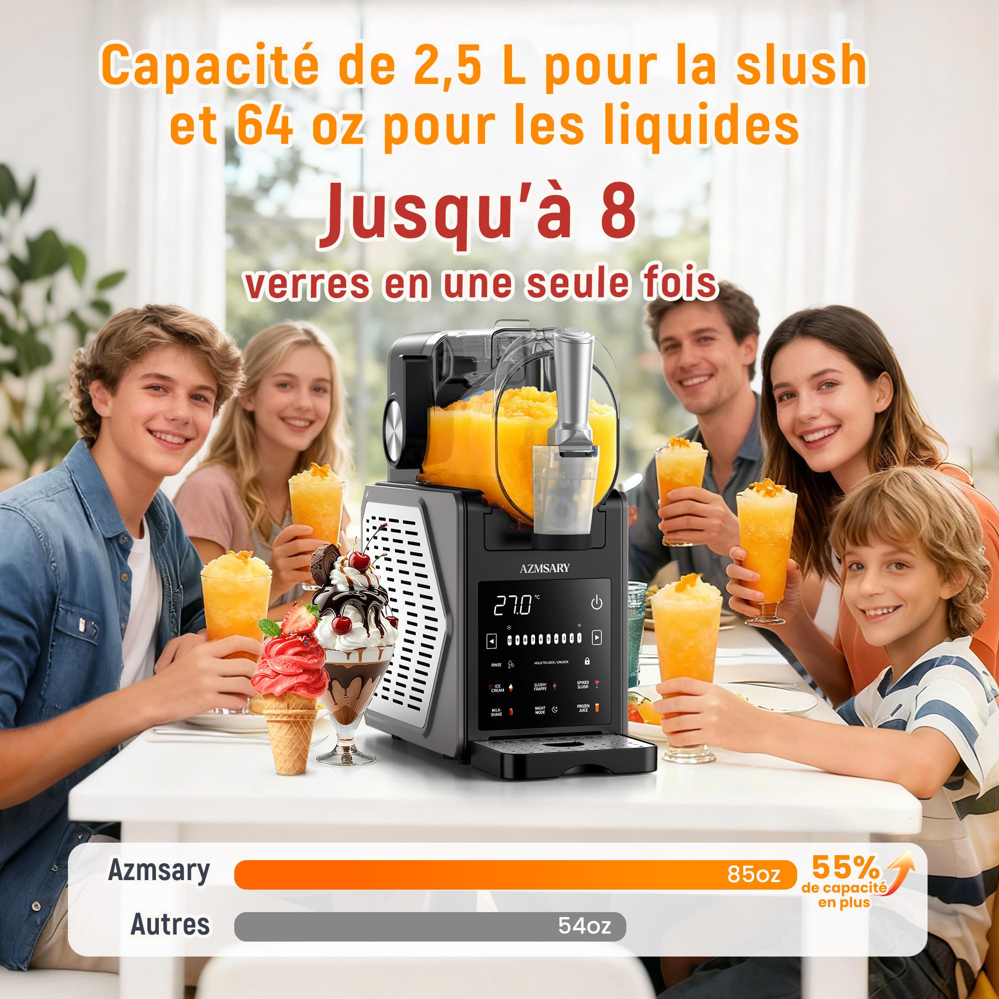 Machine à granita – 2,5 L slushie pour la maison, avec écran LED, 6 programmes préréglés pour crème glacée, margaritas, frappés, milkshakes, nettoyage automatique, sans glace (Black)