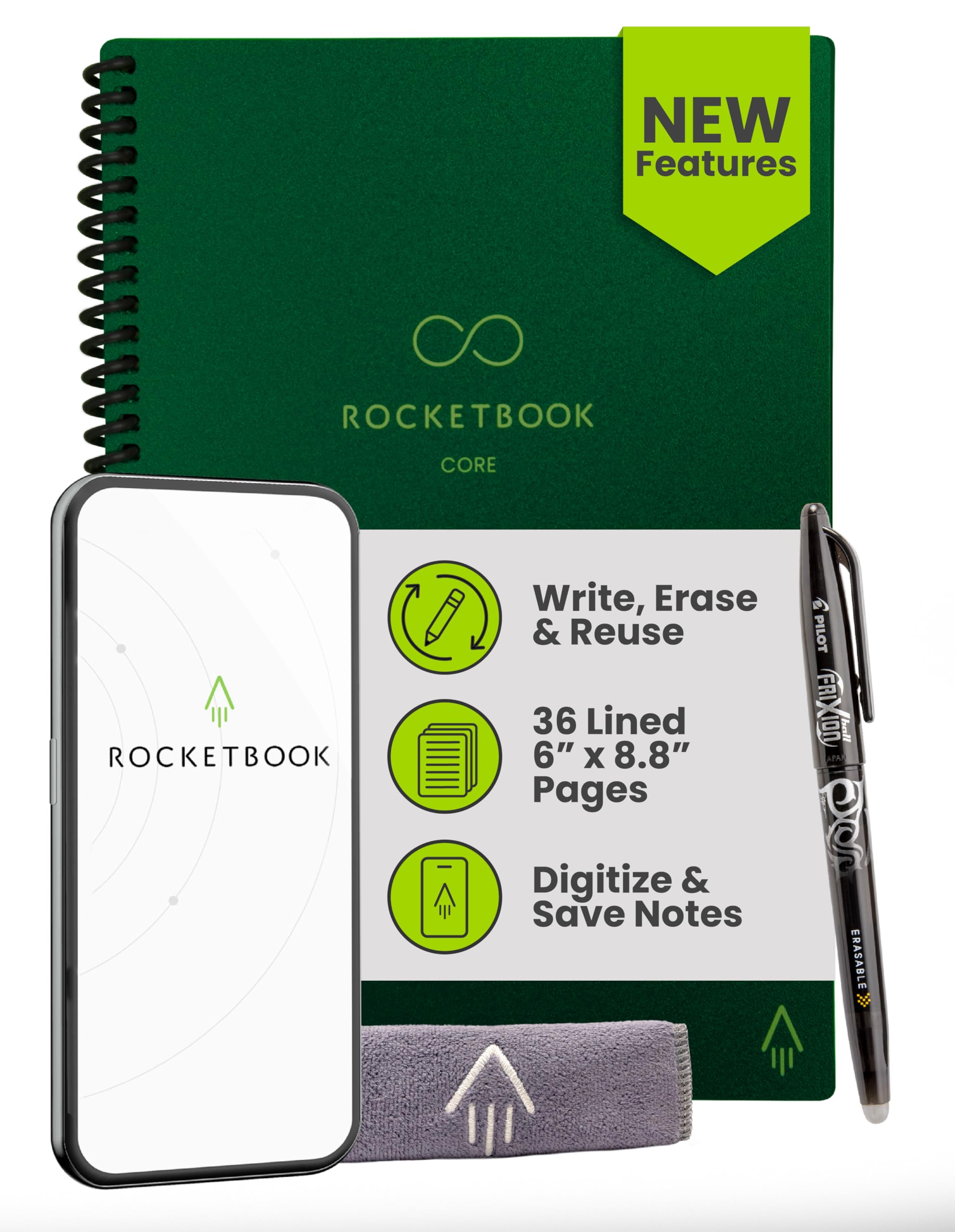 Photo 1 of Rocketbook Core Reusable Smart Notebook, Lined Pages For School, Work and Creative Projects, Executive Size 6x8.8, Green - Premium