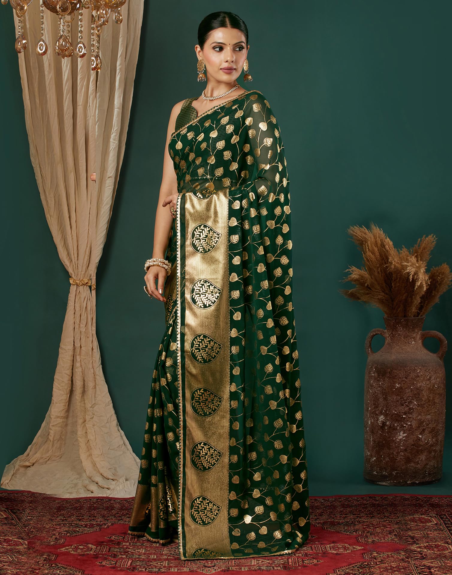 SIRIL Women's Georgette Foil Printed Saree with Unstitched Blouse Piece (4443S340_Dark Green) - Image 2 thumbnail