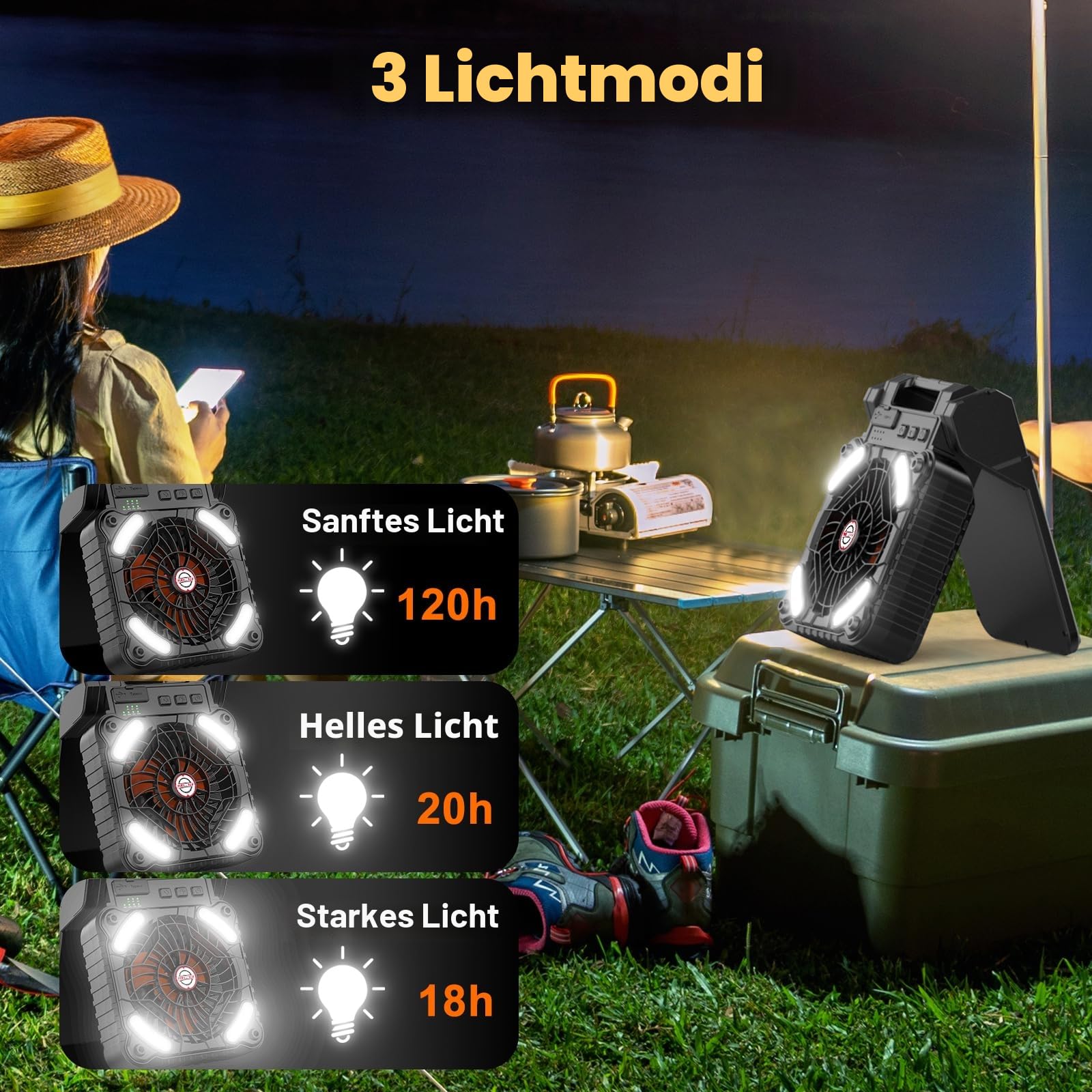 Solar Camping Fan with LED Lantern,10400mAh Rechargeable Battery Operated Portable,Timer,Phone Charging and Eco-Friendly Fan,for Camping,Fishing, Power Outage,Hurricane,Travel