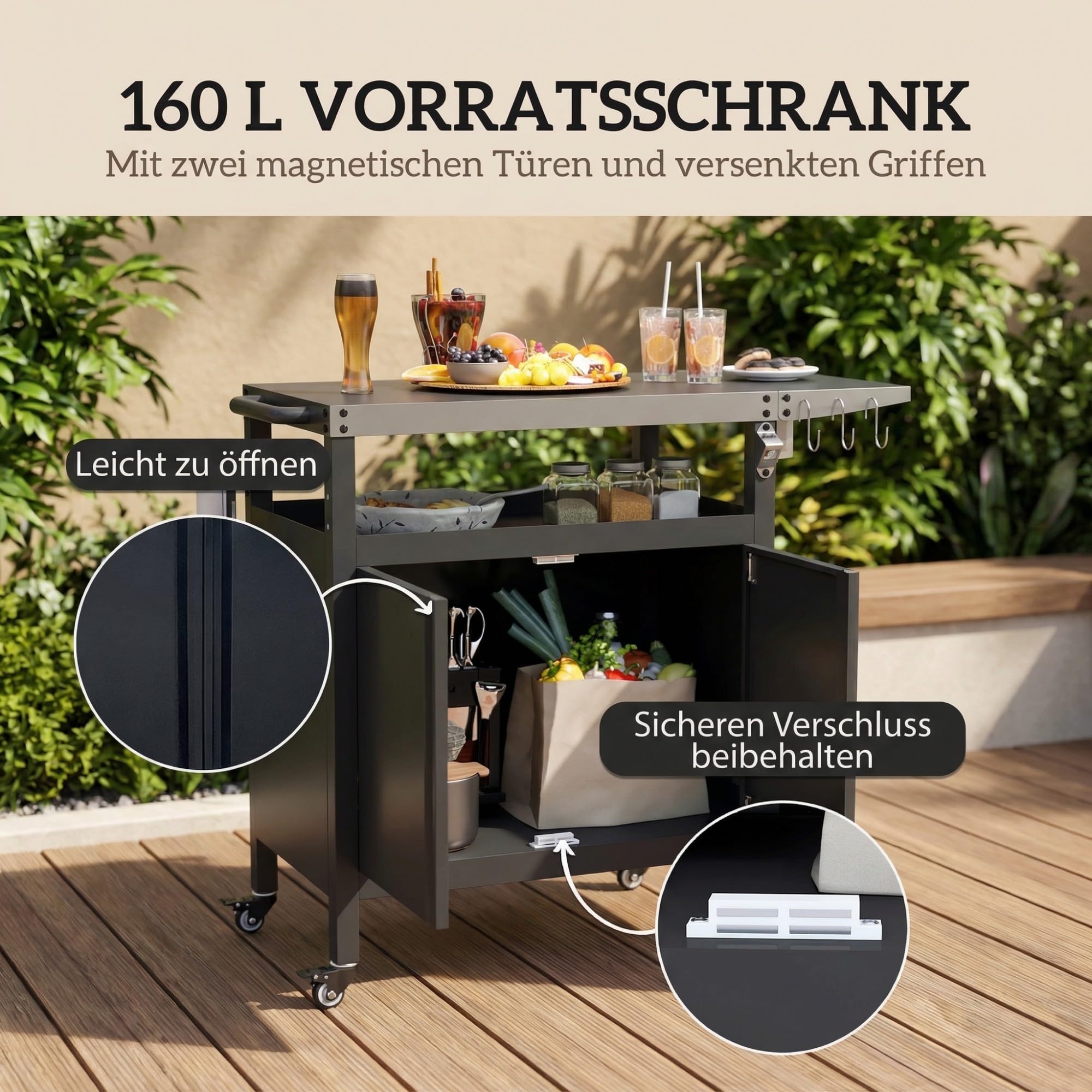 Outsunny Grillwagen 3-Etagen klappbar mit Arbeitsfläche, Edelstahl BBQ Grilltisch, 116x50x93cm Schwarz