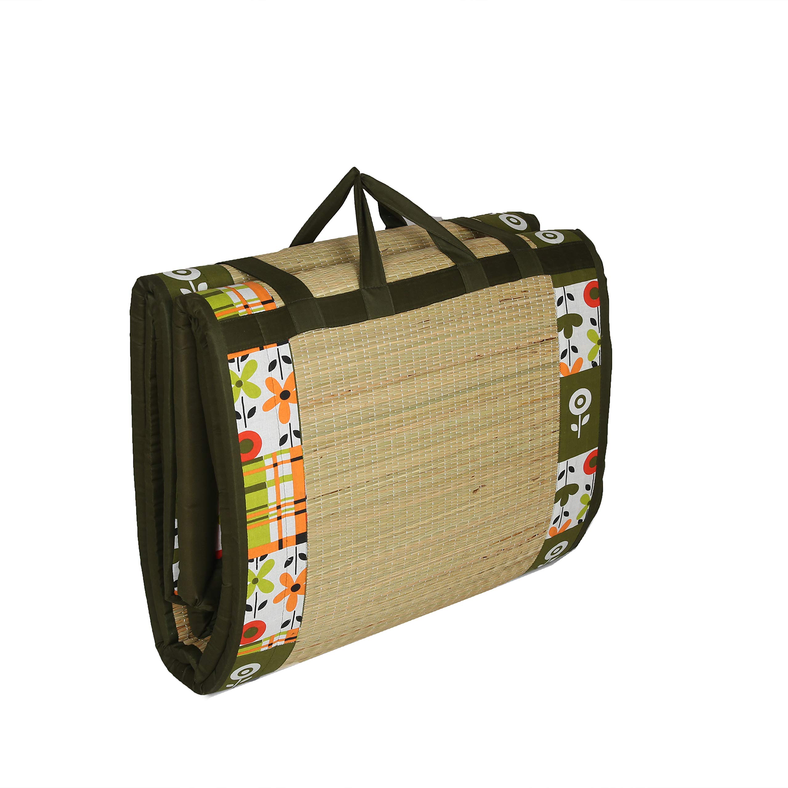 Cushion Mat Sleep Healthy, Wake Beautiful River Kora Grass Chatai Easy Portable and Folding Mat, Green Cotton Fabric, Easy Hand Wash 4X6 ft