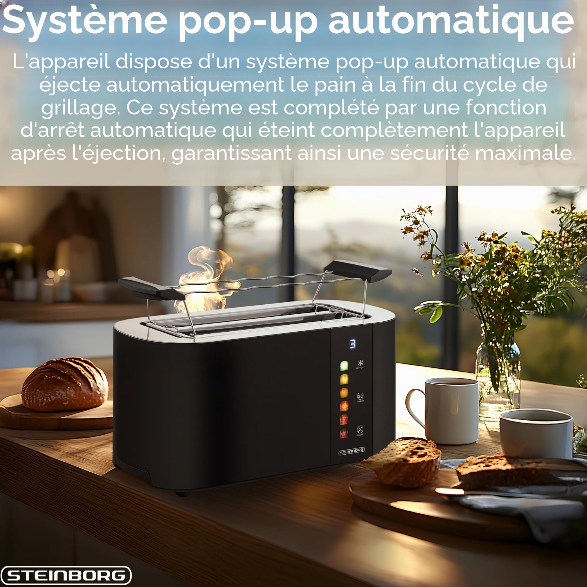 Steinborg® Grille-pain automatique 4 tranches avec grille à viennoiseries, grille-pain à longues fentes, fonction de levage automatique sans levier - Tapis de toast, affichage numérique, centrage du