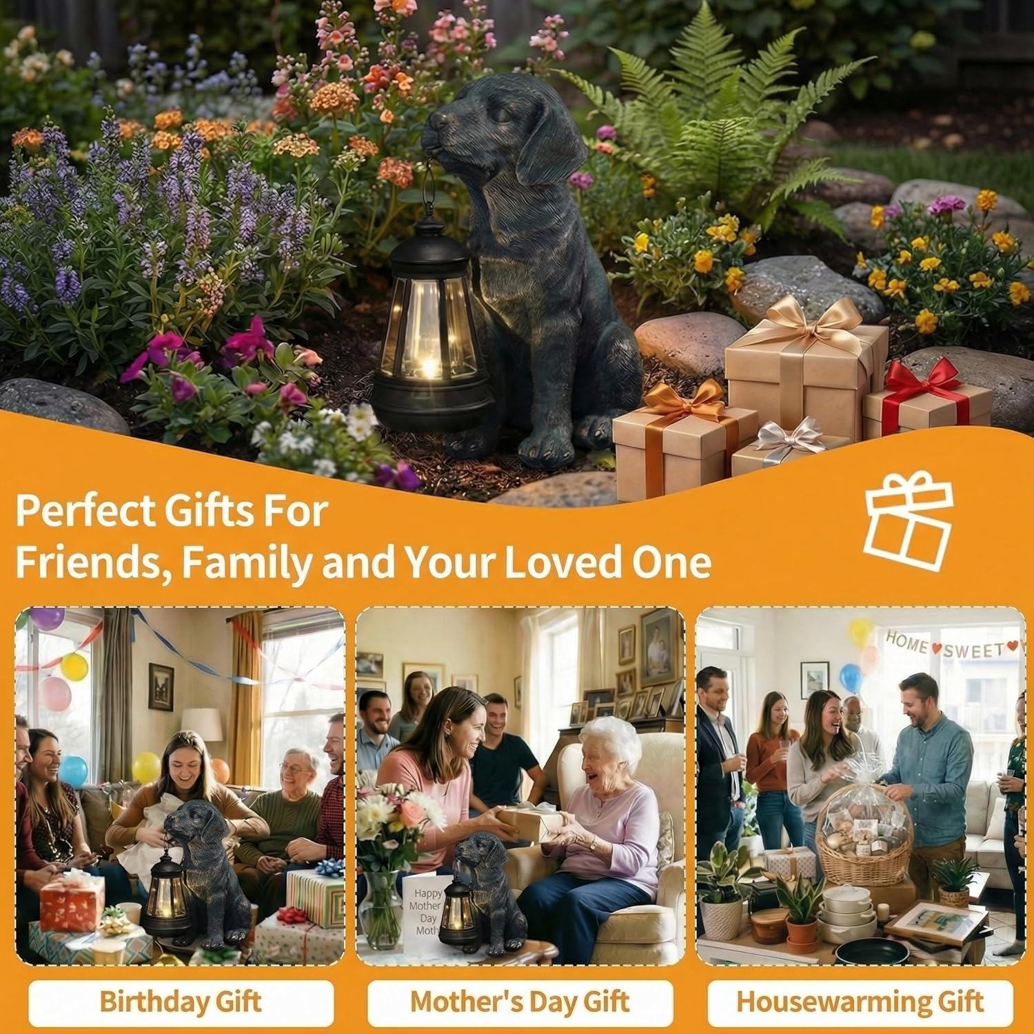 Lyeasw Solar Dog Statues with Lantern – Waterproof Outdoor Dog Figurines for Garden, Yard & Porch, Auto On/Off Solar Light, Birthday Gifts for Mom & Dog Lovers, Dog Memorial Gifts