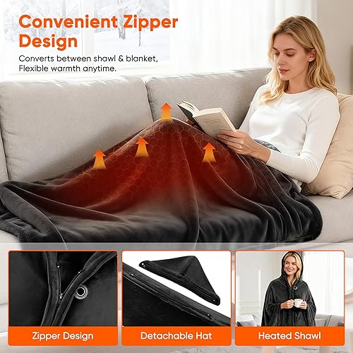 Miniatura 5 de Manta térmica chal portátil inalámbrico con batería con batería recargable de 8000 mAh, manta eléctrica de 61 x 31 pulgadas con 3 niveles de