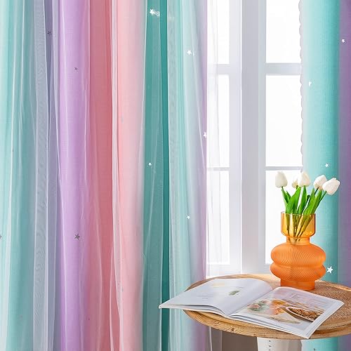 Miniatura 2 de XiDi Cortinas para dormitorio de niñas, juego de 2 paneles, paneles de ventana con aislamiento térmico, cortinas rosas arcoíris para habitación de