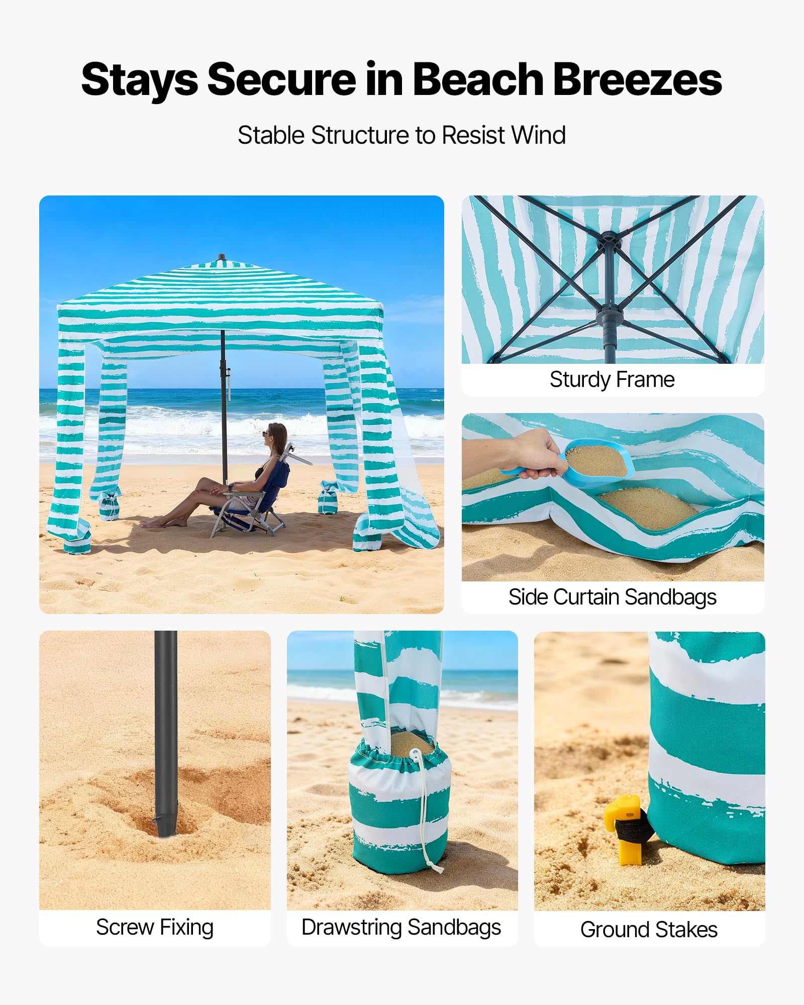 VEVOR Namiot plażowy 1830 x 1830 x 2290 mm, ze ścianą boczną i kieszeniami na piasek, przenośny parasol przeciwsłoneczny z regulacją wysokości dla rodziny i przyjaciół, zielony z białymi paskami