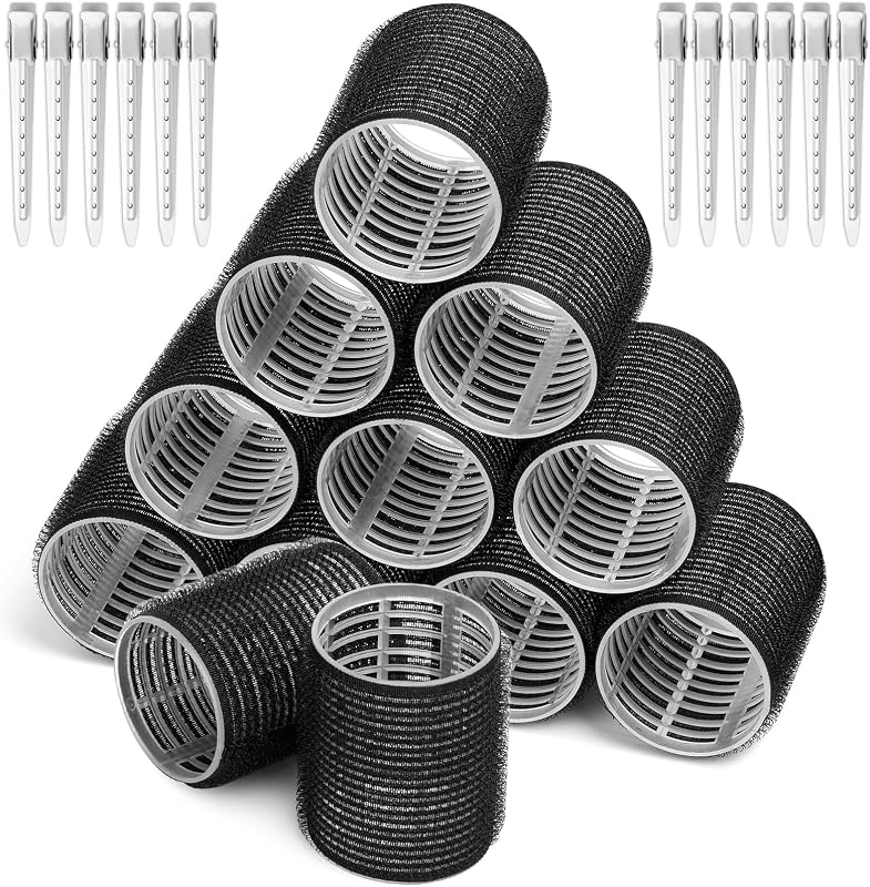 Rizadores de pelo grandes con agarre automático y pinzas de pico de pato de acero inoxidable para cabello largo, medio y grueso y volumen de flequillo (negro)