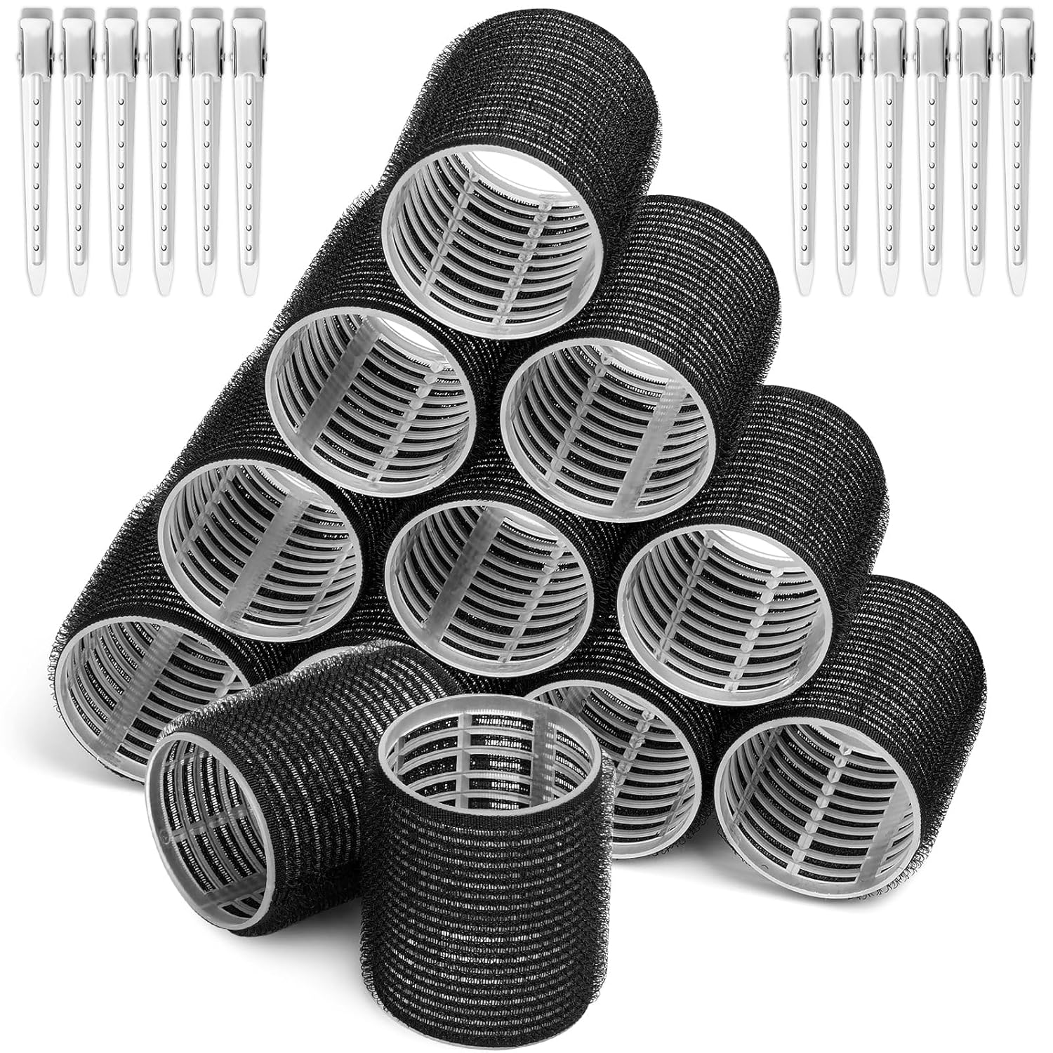 Large Self-Grip Hair Rollers with Stainless Steel Duckbill Clips - Big Bouncy Curls for Long, Medium, Thick Hair & Bangs Volume (Black, 12pcs Set)