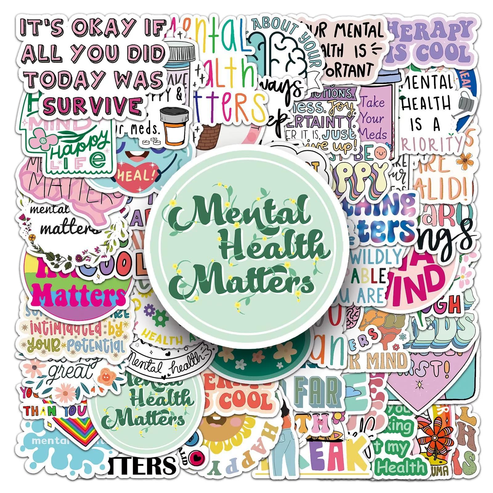 100 Pcs Mental Health Matters Awareness Stickers for Water Bottle Waterproof Sticker for Laptop Skateboard Phone Car Decals for Teens Adults for Party Favors Supplies Decor (Mental Health Stickers)