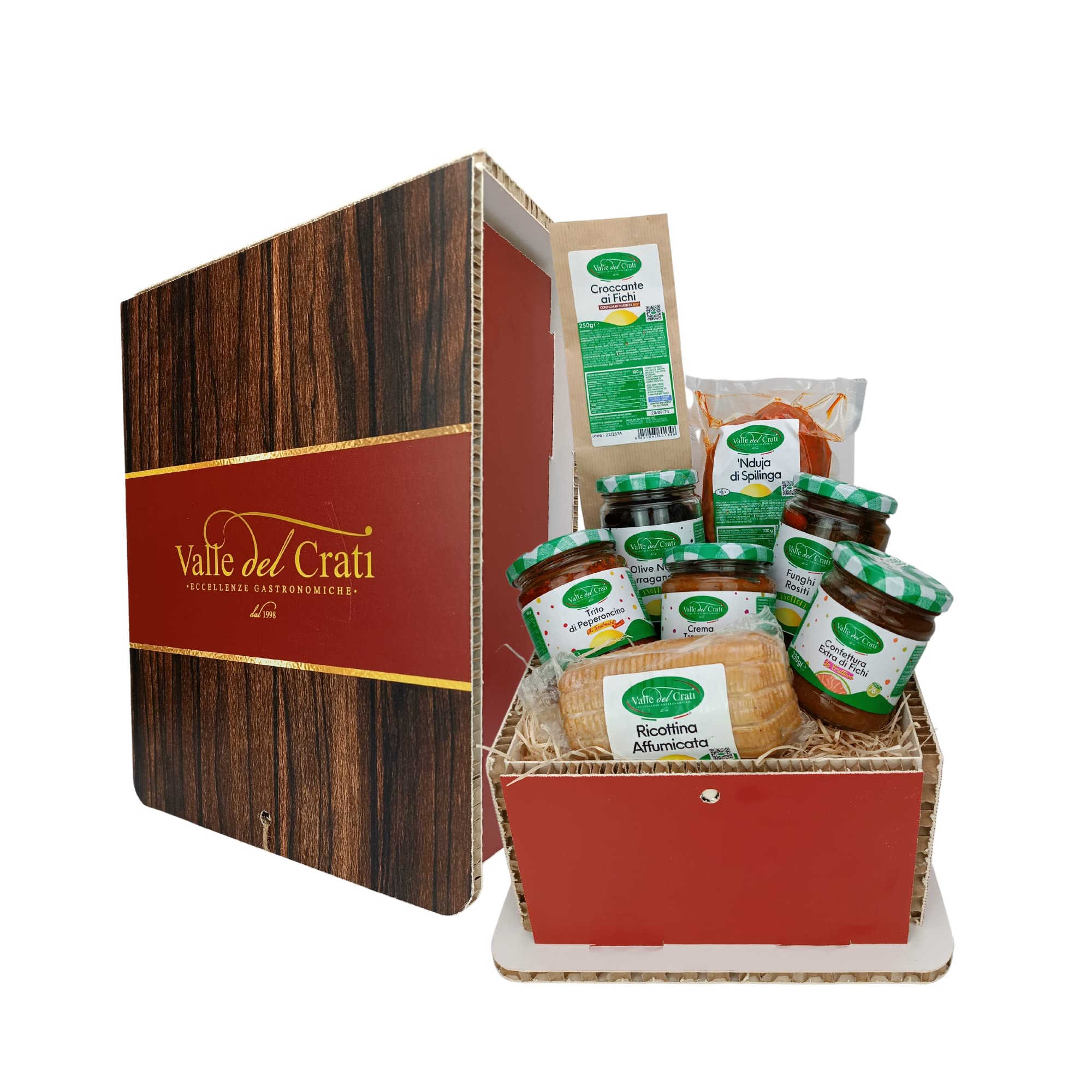 Valle del Crati Weihnachtsgeschenkkorb mit 8 Produkten | Weihnachtskorb mit Nduja, Kalabrische Chilischoten, Käse, Feigendessert, Pilze, Aufstriche, Gemüsekonserven und mehr | Weihnachtskorb