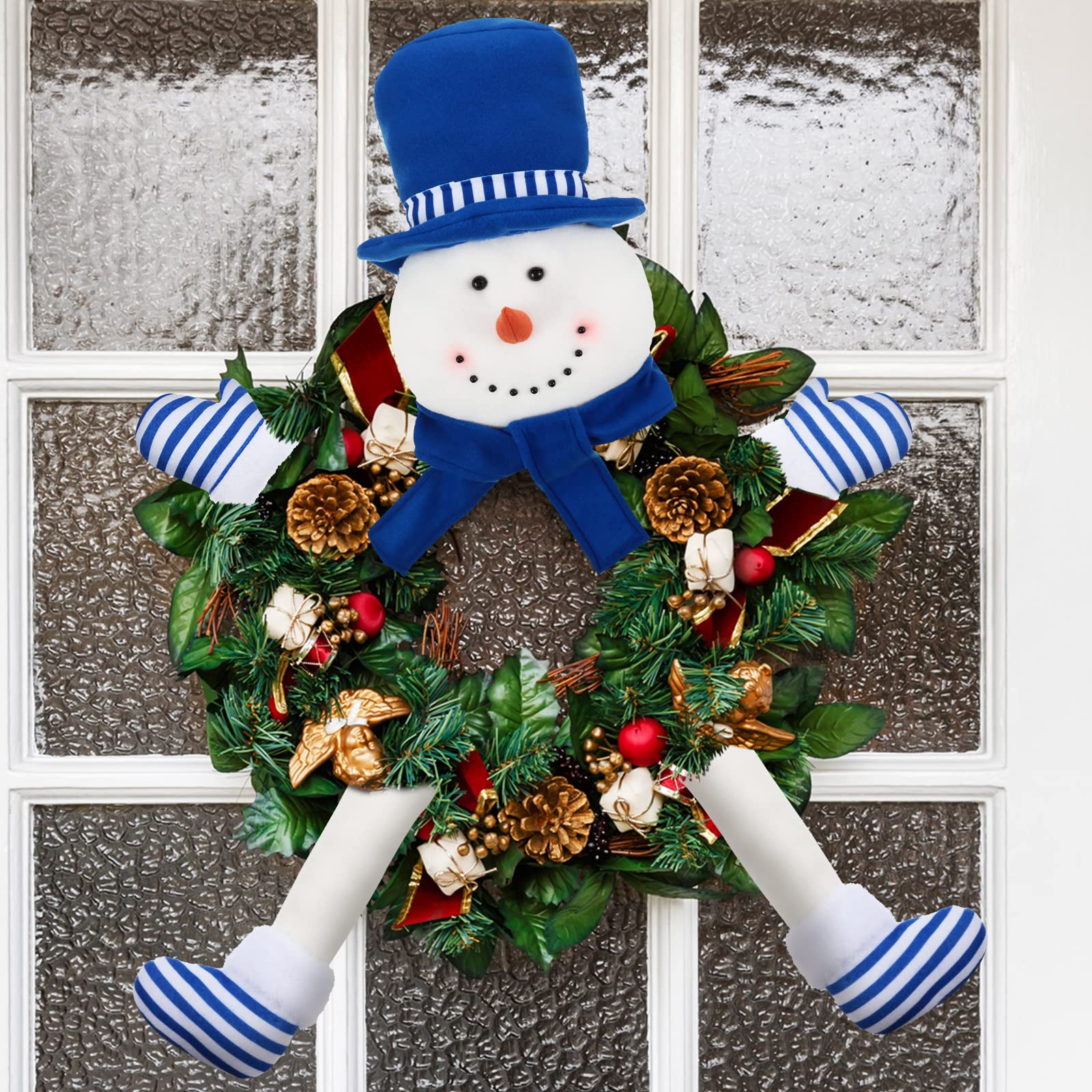 5 Pcs Christmas Tree Topper Snowman Hug Blue Snowman Hug Decor Kit with Large Hat Scarf Poseable Arms and Legs for Xmas Tree Wreath Holiday Winter Wonderland Party Decor