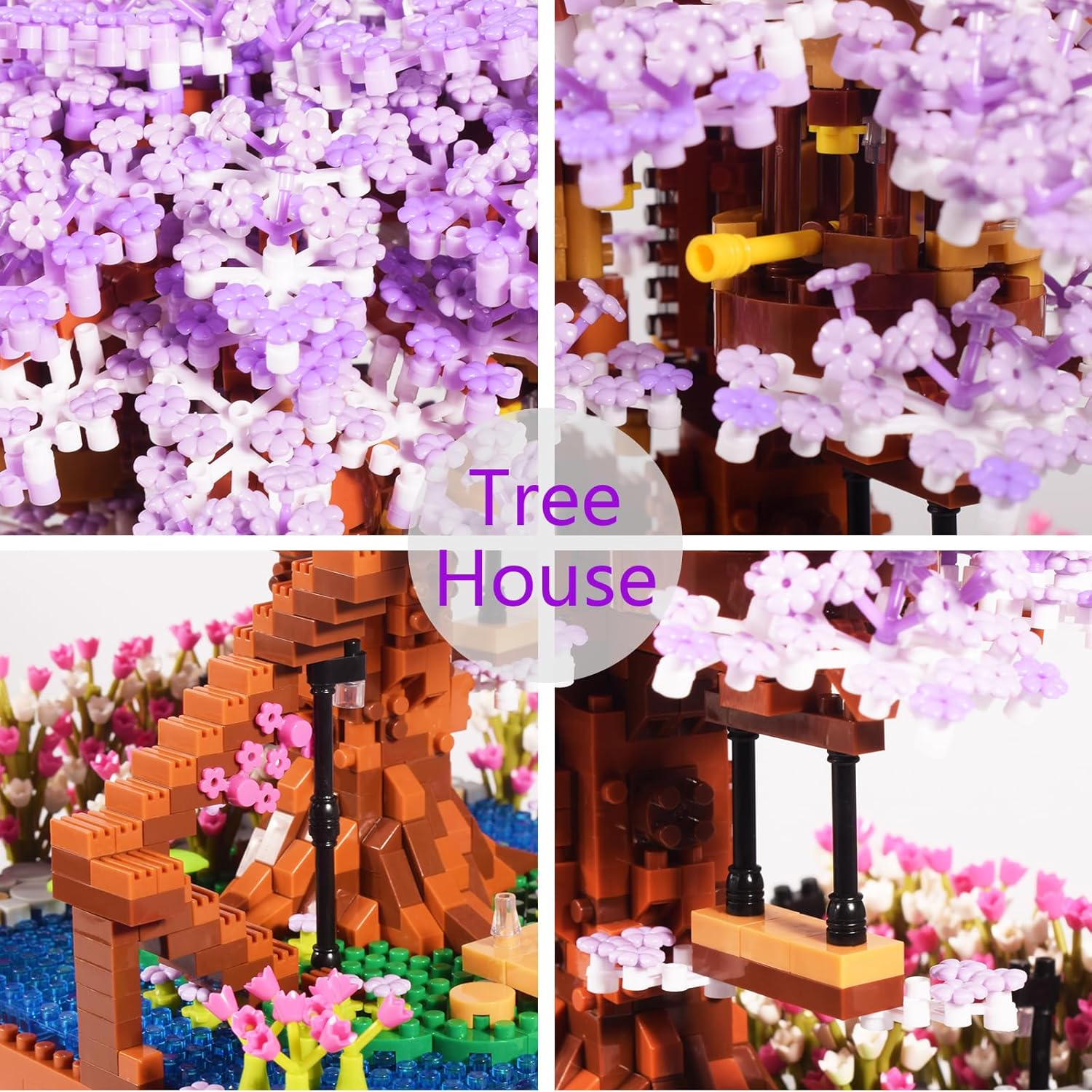 Close-up view of the intricate details of the purple cherry blossom tree house model, highlighting the swing and foliage.