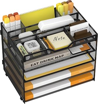 5 Tier Paper Letter Tray Desk Organizer with Pen Holders - Black | Features 3 pen holders and 4 removable dividers.Versatile mesh desktop storage for mail, document,office supplie