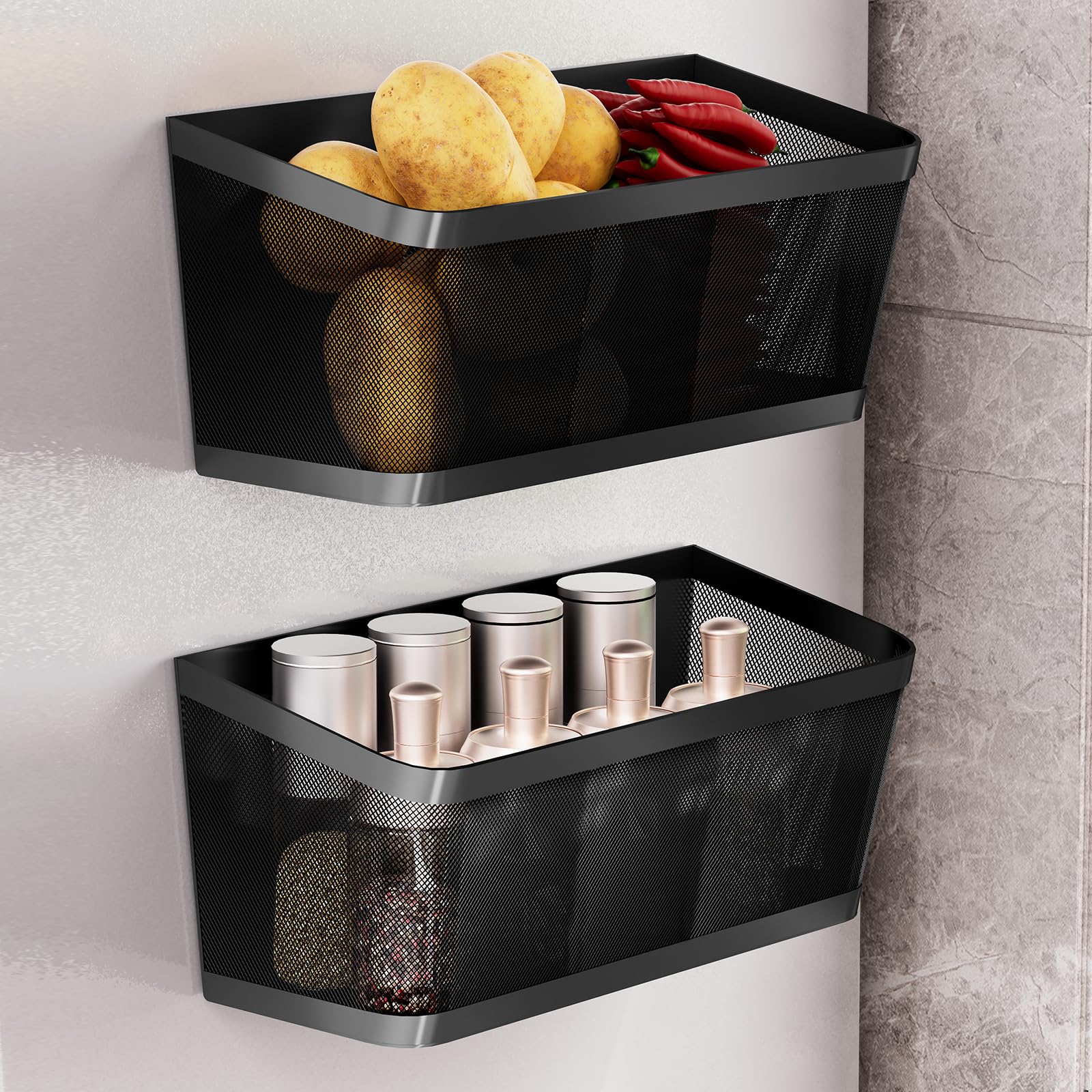 2Pcs Magnetic Spice Rack for Refrigerator, Black Magnetic Shelves | Powerful Magnet Hanging Basket Holder, Magnetic Organizer Shelf for Fridge, For Seasonings Fruit Vegetables Coffee Beans