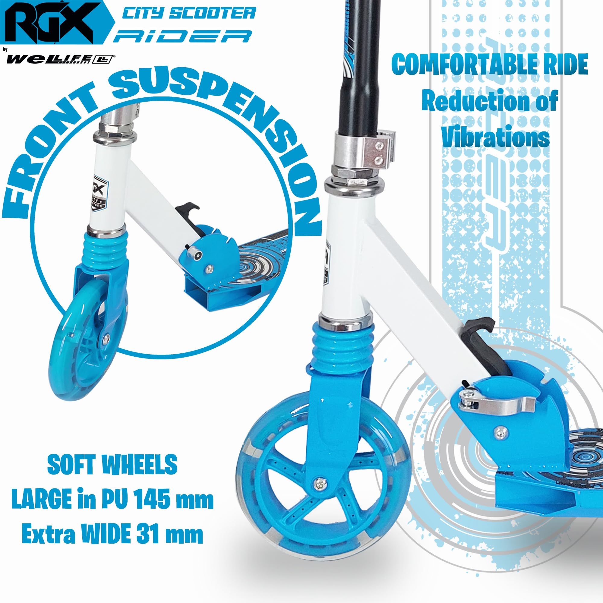 Trottinette WeLLIFE Rider RGX – Aluminium Pliable, Roues LED 145 Mm, Hauteur Réglable 78-83-88 Cm, Charge 100 Kg, Enfant Dès 6 Ans