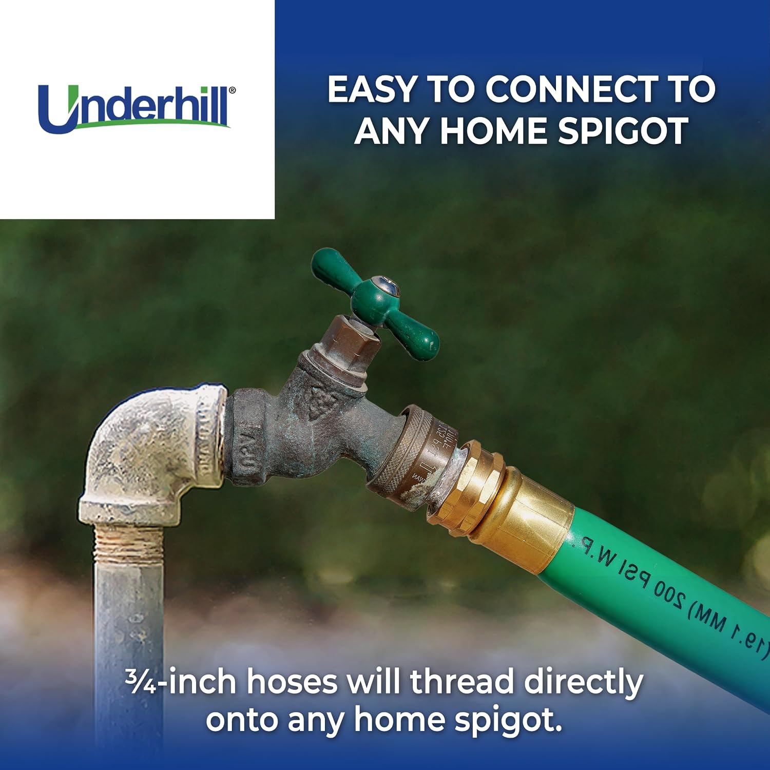 Underhill UltraMax Commercial Garden Water Hose 50 ft, Lightweight, Flexible, Anti-Kink, Non-Conductive, 800 psi, H75-050G, ¾ Inch x 50 ft, Green