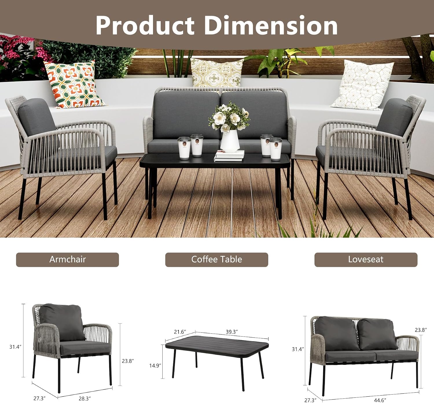 DECMICO 4 Pieces Patio Furniture Set, Wicker Outdoor Conversation Set with 2 Chairs & Loveseat Sofa, All-Weather PE Rattan Porch Furniture with Side Table and Cushions (Dark Grey)