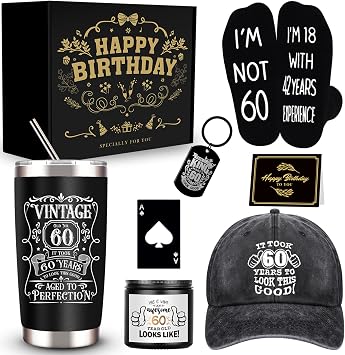 JTAMOHI 60th Birthday Gifts for Men - Unique Box with 20 Oz Tumbler, Scented Candle, Socks, Baseball Cap for Husband, Dad, Grandpa, Friends, Teachers, Boss