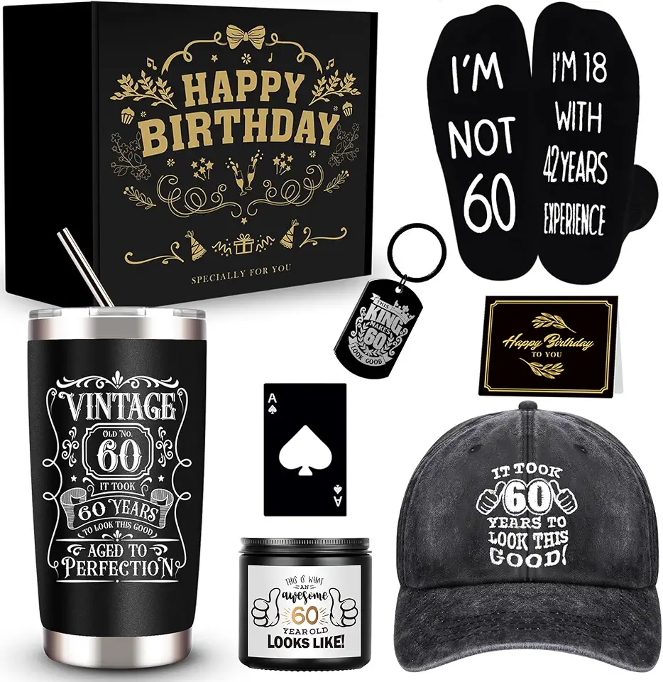 JTAMOHI Presentes de aniversário de 60 anos para homens – Caixa exclusiva com copo de 590 ml, vela perfumada, meias, boné de beisebol para marido, pai, avô, amigos, professores, chefe