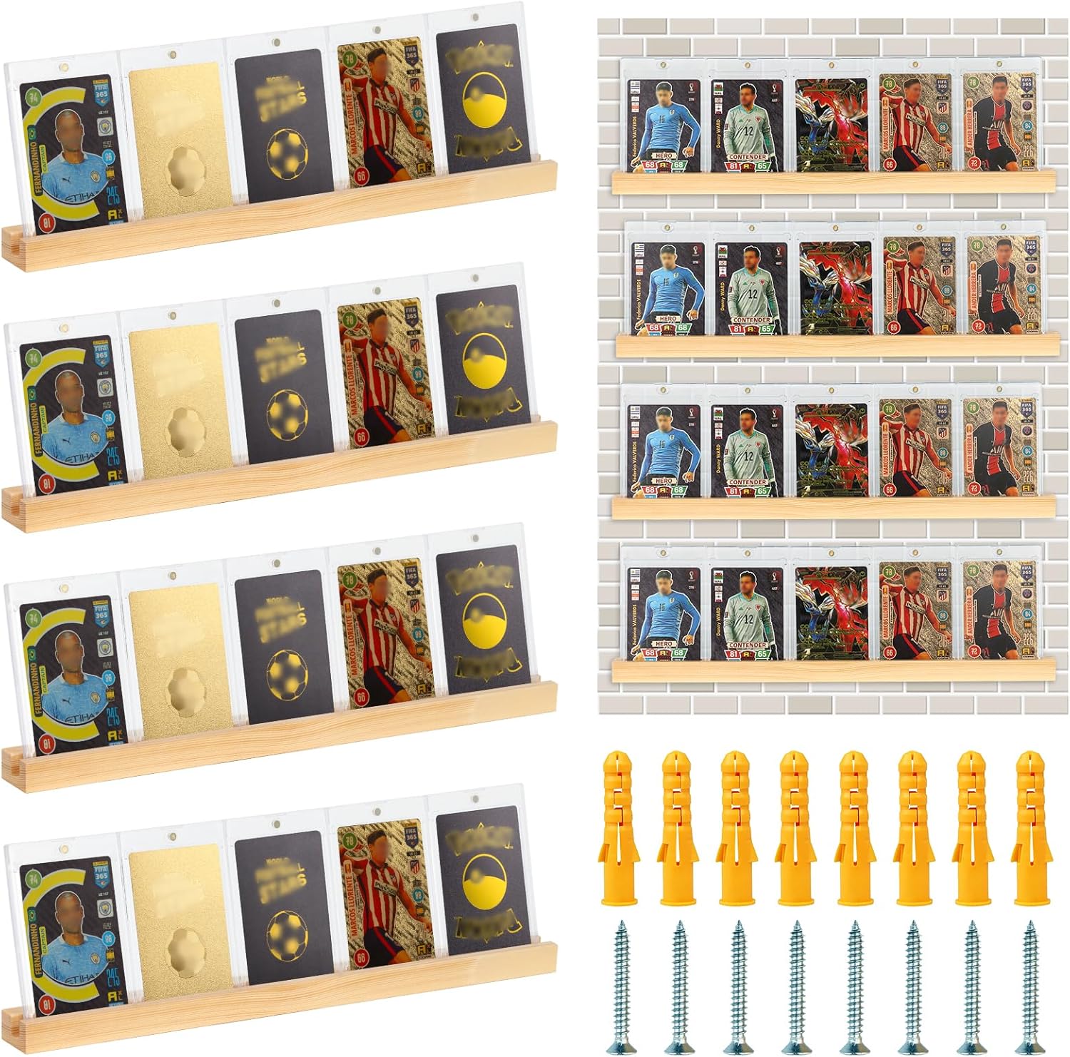 4 Pack Sports Card Display Shelf For Wall Wood Graded Card Display Rack 15*1.2*0.7inch Sports Card Display Frame Trading Card Display Shelf Baseball Card Display Case Wall Mount for Game Card(No Card)