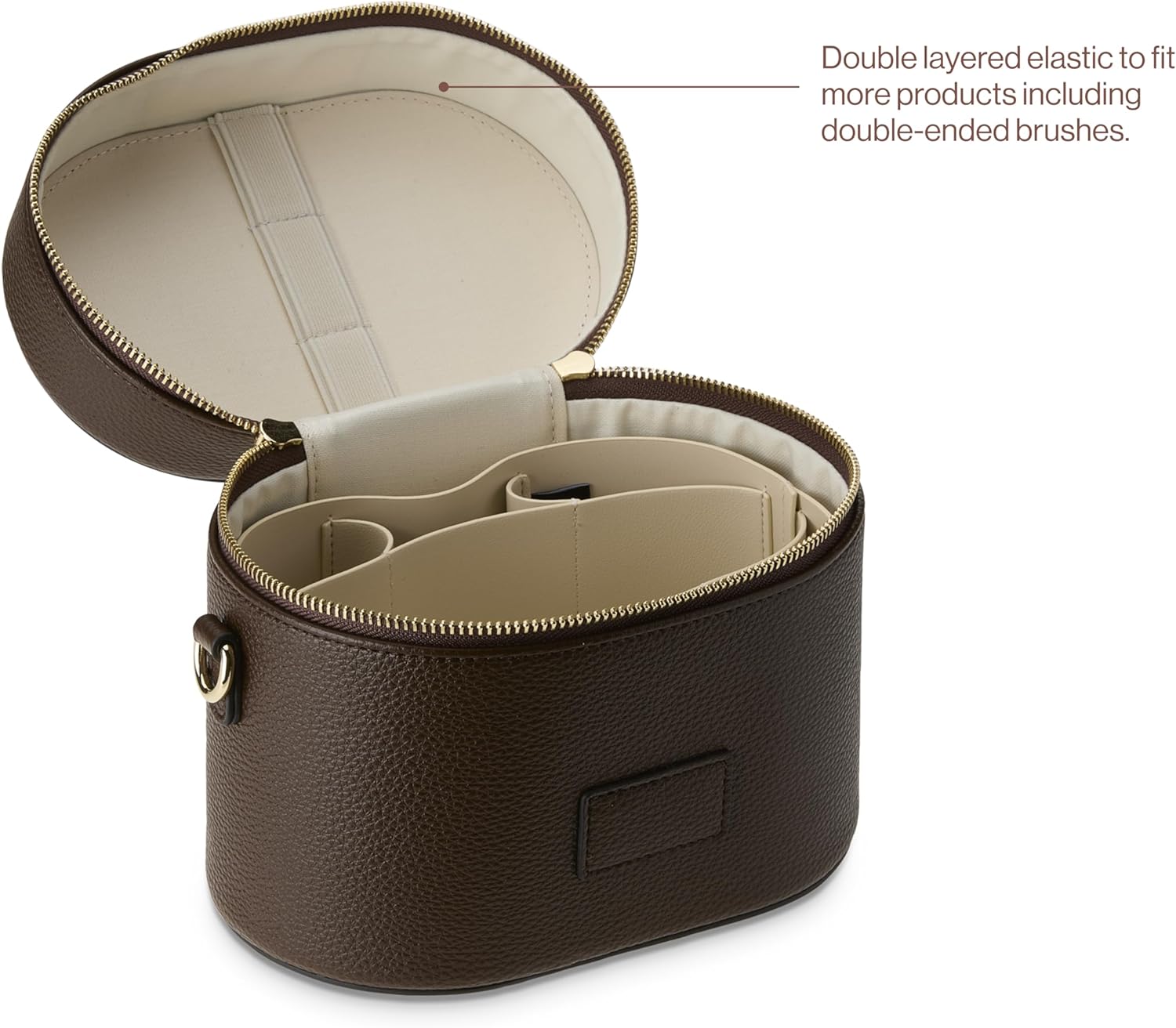 ETOILE - Oval Toiletry Case Espresso - Travel Makeup Bag Organizer with Shoulder Strap and Removable Divider