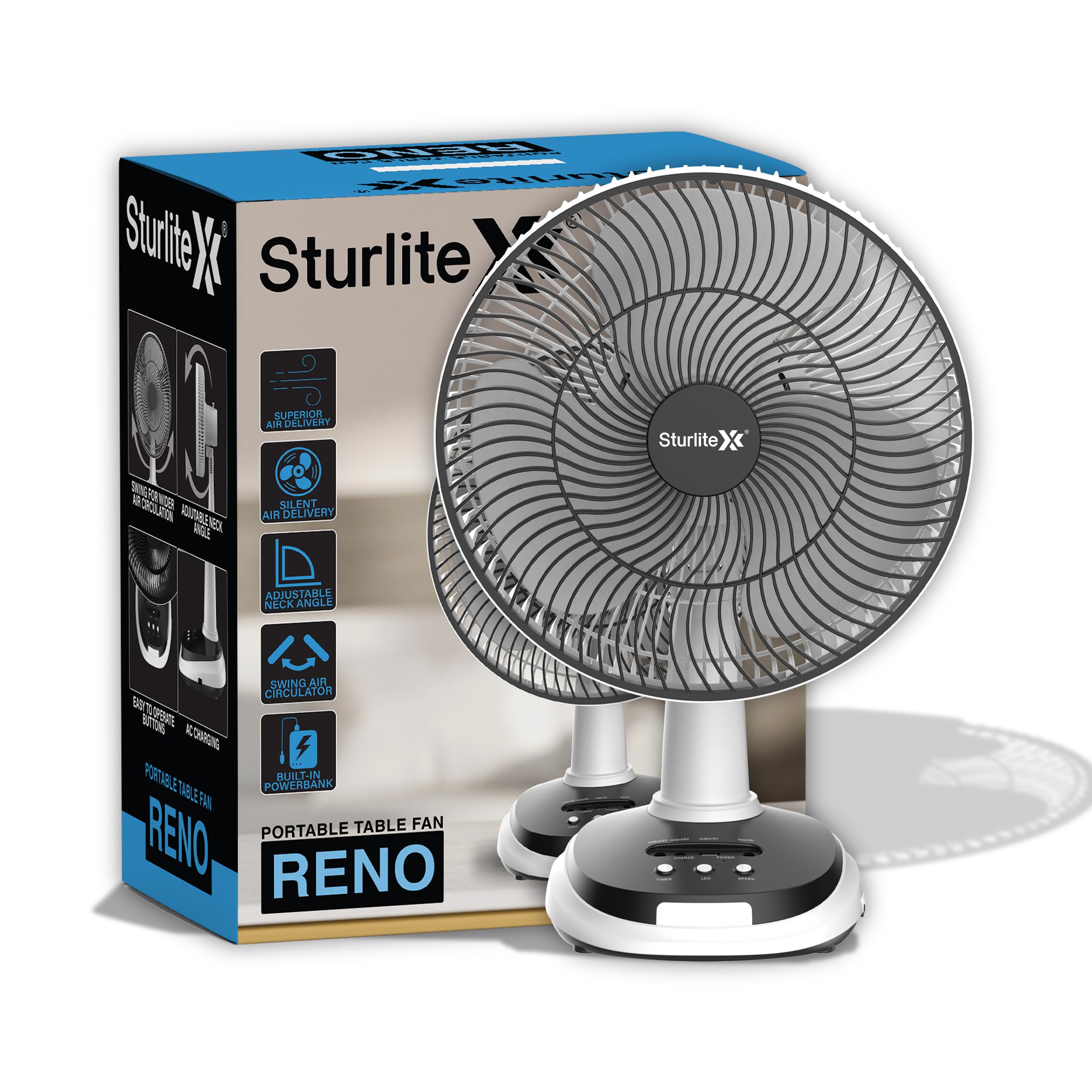 Sturlite Reno 30W Portable Table Fan + Lamp| 3 Speed Modes| 2 Lighting