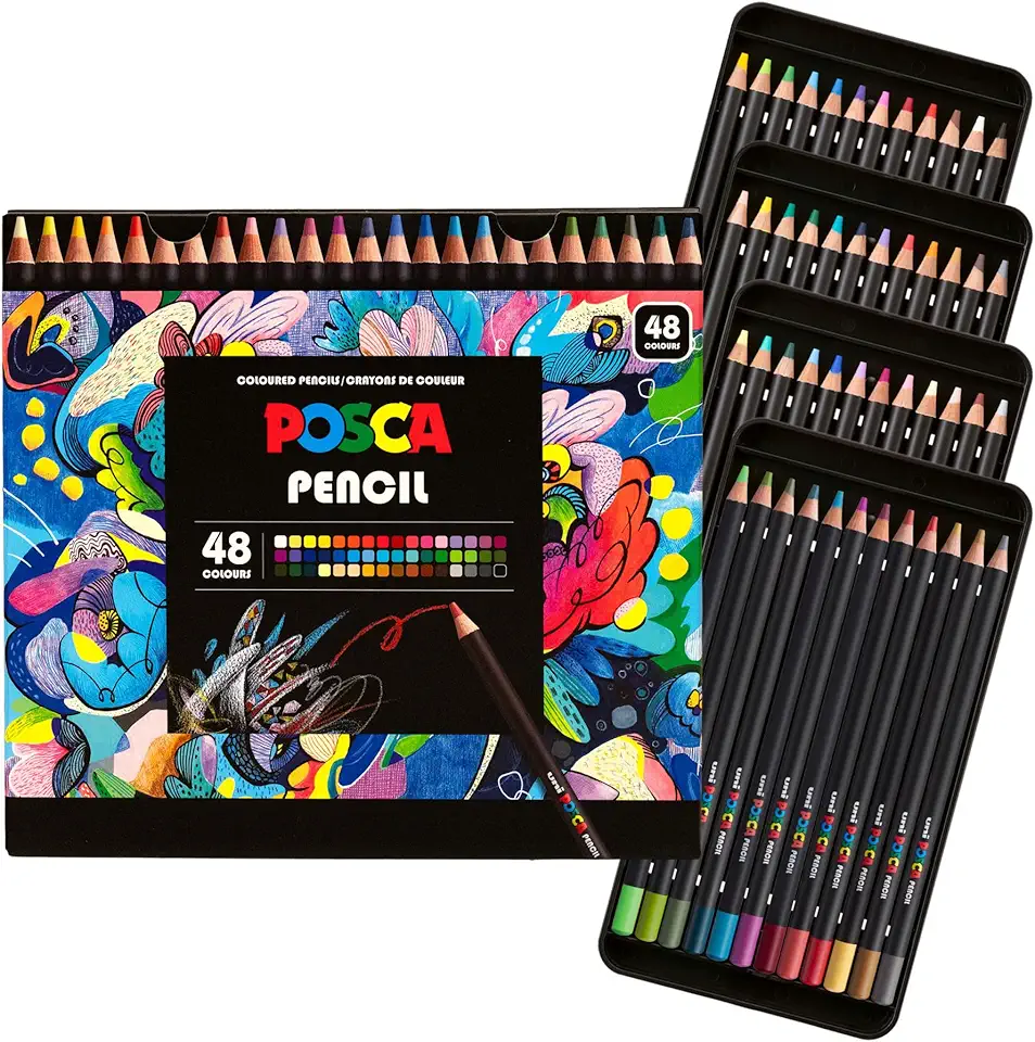 Posca Lápis de cor, núcleo macio, cores sortidas, 48 unidades - durável, vibrante, ultra-suave, para colorir para adultos, desenho, esboços, artes e artesanato