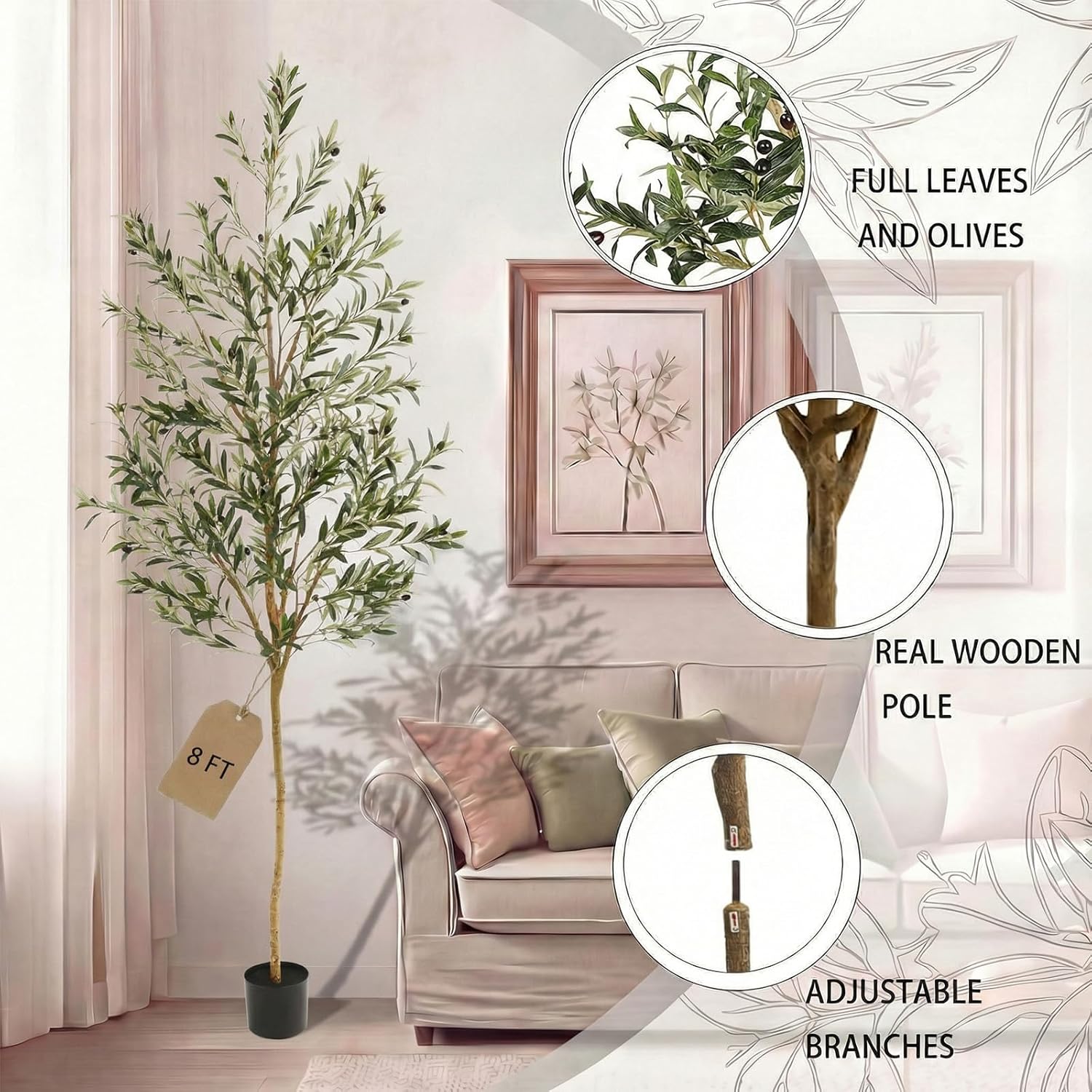 8FT Olive Trees Artificial Indoor,Fake Olive Tree with Natural Wood Trunk and Olive Branches and Lifelike Fruits,Faux Olive Tree for Home Office House Living Room Decor.