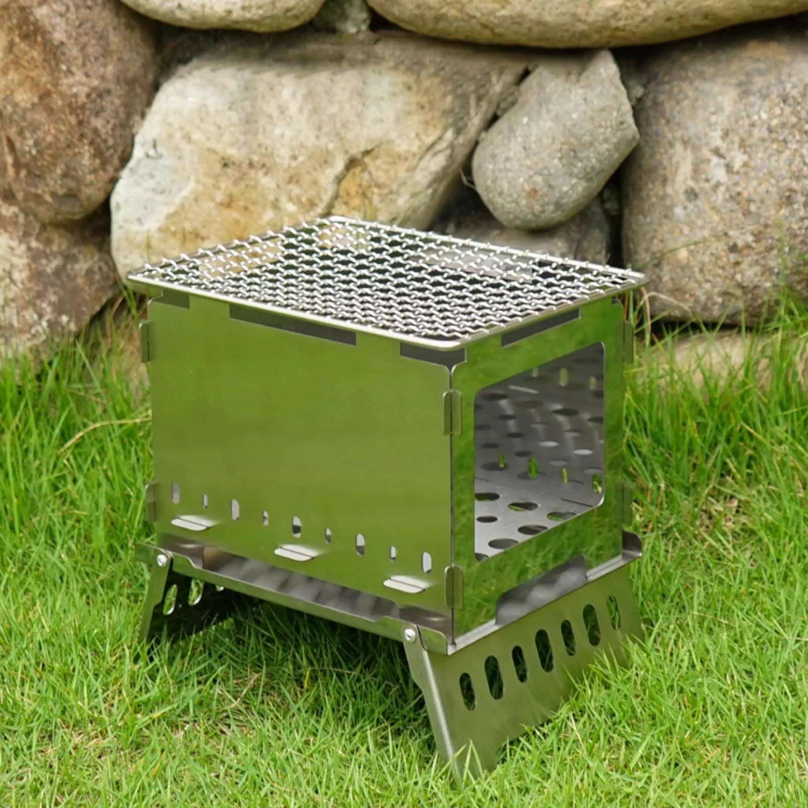 Cucine da Campeggio Realizzato in Acciaio Inox 430 Include Griglia Mini Barbecue Portatile Carbonella Gambe Pieghevoli Adatto per Attività All'aperto e Campeggio