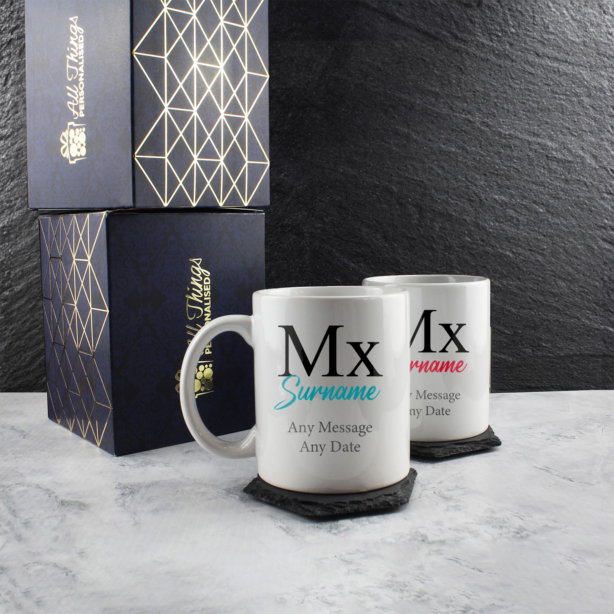 Juego de tazas personalizadas de género neutro para boda, juego de tazas Mx y Mx o título personalizado con cualquier mensaje y apellido, diseño de fuente clásico, caja de regalo, tazas de 312 ml