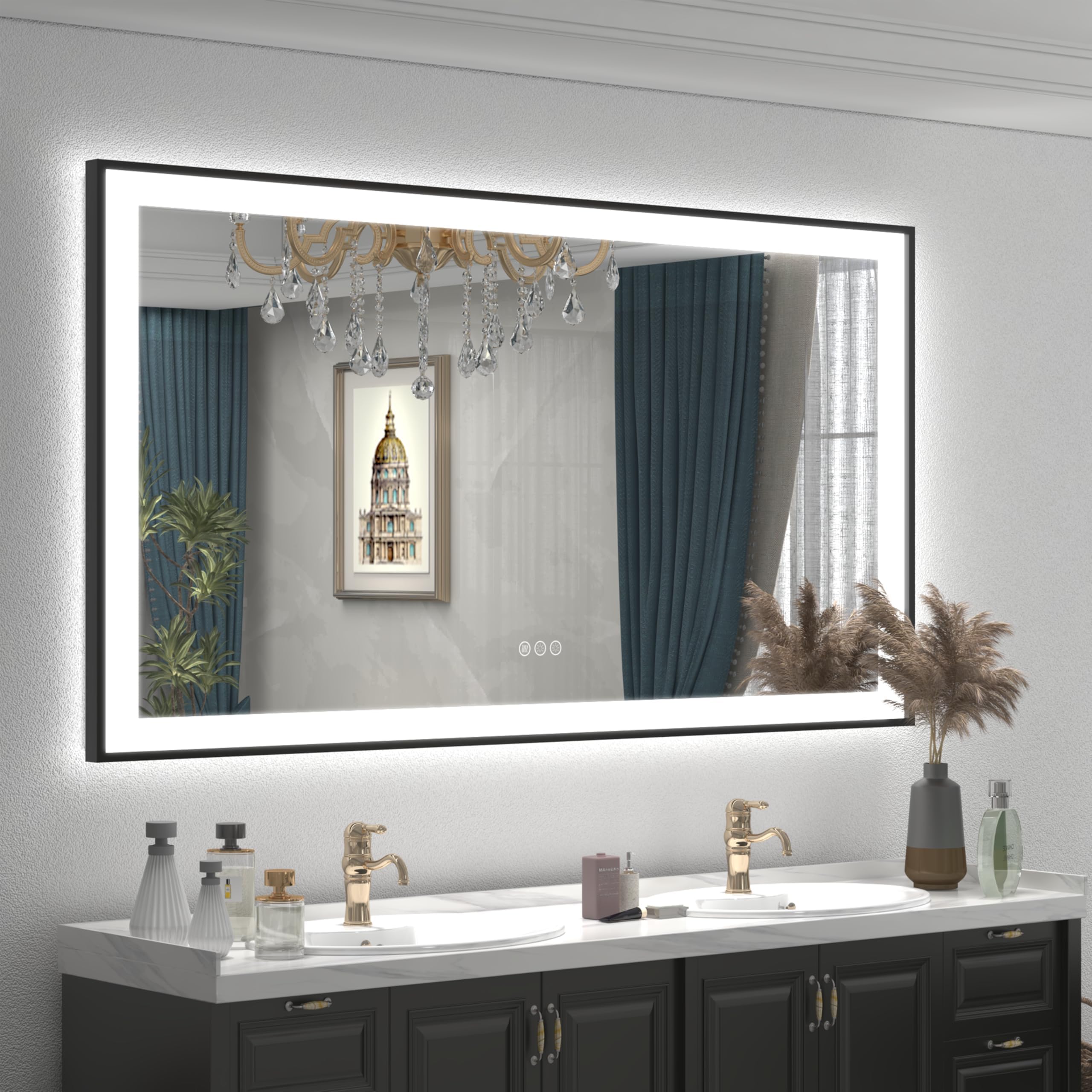 LED Bathroom Mirror 55x30, Dimmable Framed Vanity Mirror with Lights, Backlit and Front Lighted Mirror for Wall, Anti-Fog (Horizontal/Vertical)