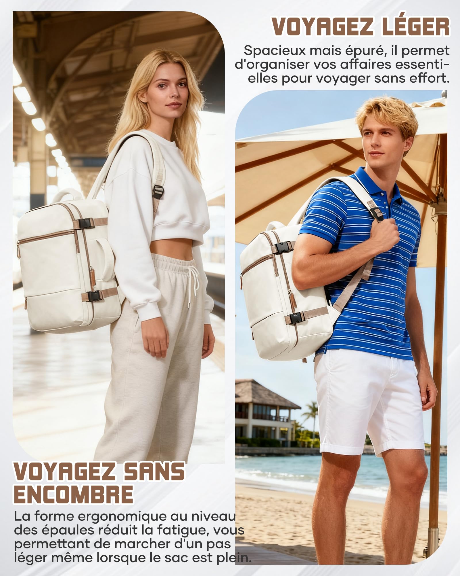 suradar Bagage Cabine 40x30x20 Sac Ryanair Sacs a Dos Voyage Cabine Avion 40x30x20 pour Wizzair Eurowings avec Sac Humide Sacs à Dos Ordinateur Portable 14 Pouces Homme Femme Beige et marron