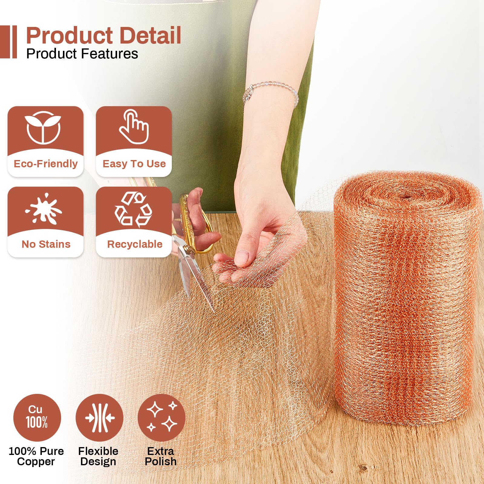 Gisafai 12 X 32 Ft Copper Mesh Rodent Control Copper Wool For Slugs Rustproof DIY Hole Filler Pure Wire Mesh For Bat Snail Bird Pest Rodent Control Gap Blocker Fill Fabric Hole Gardening 1 Roll