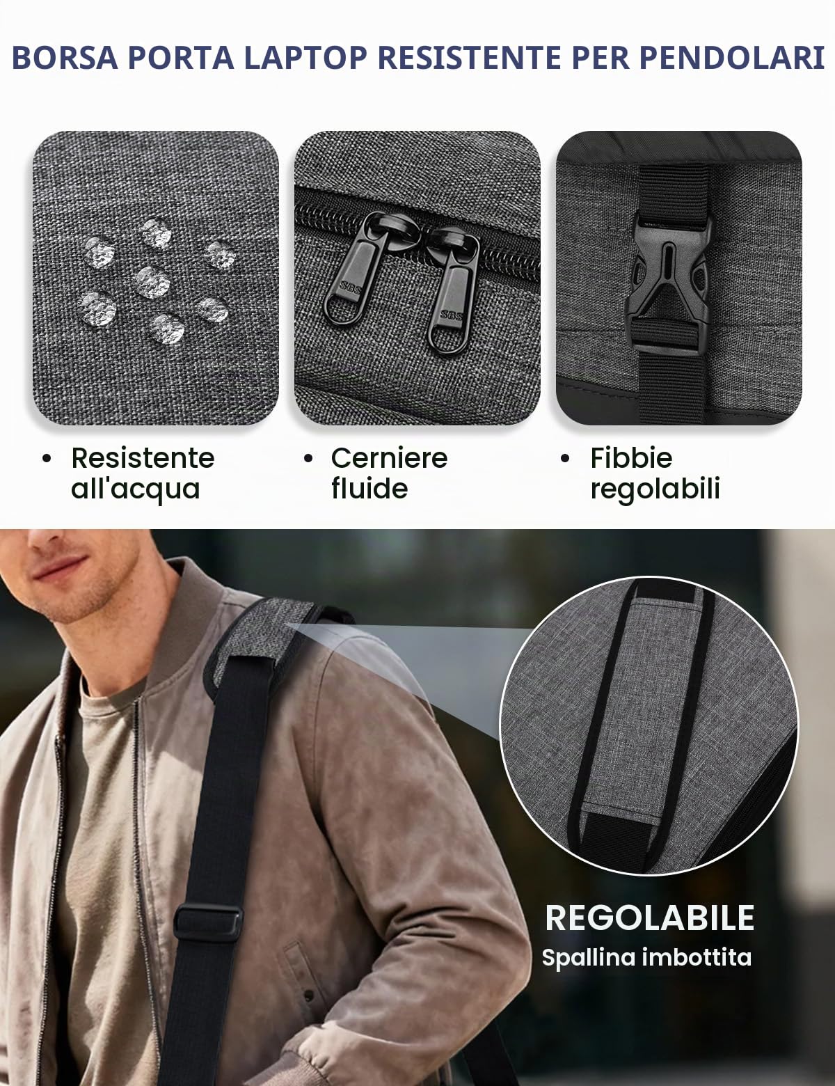 Borsa a tracolla da uomo, VONXURY leggera resistente all'acqua Borsa per laptop da 15,6 pollici Borsa a tracolla per ufficio scolastico