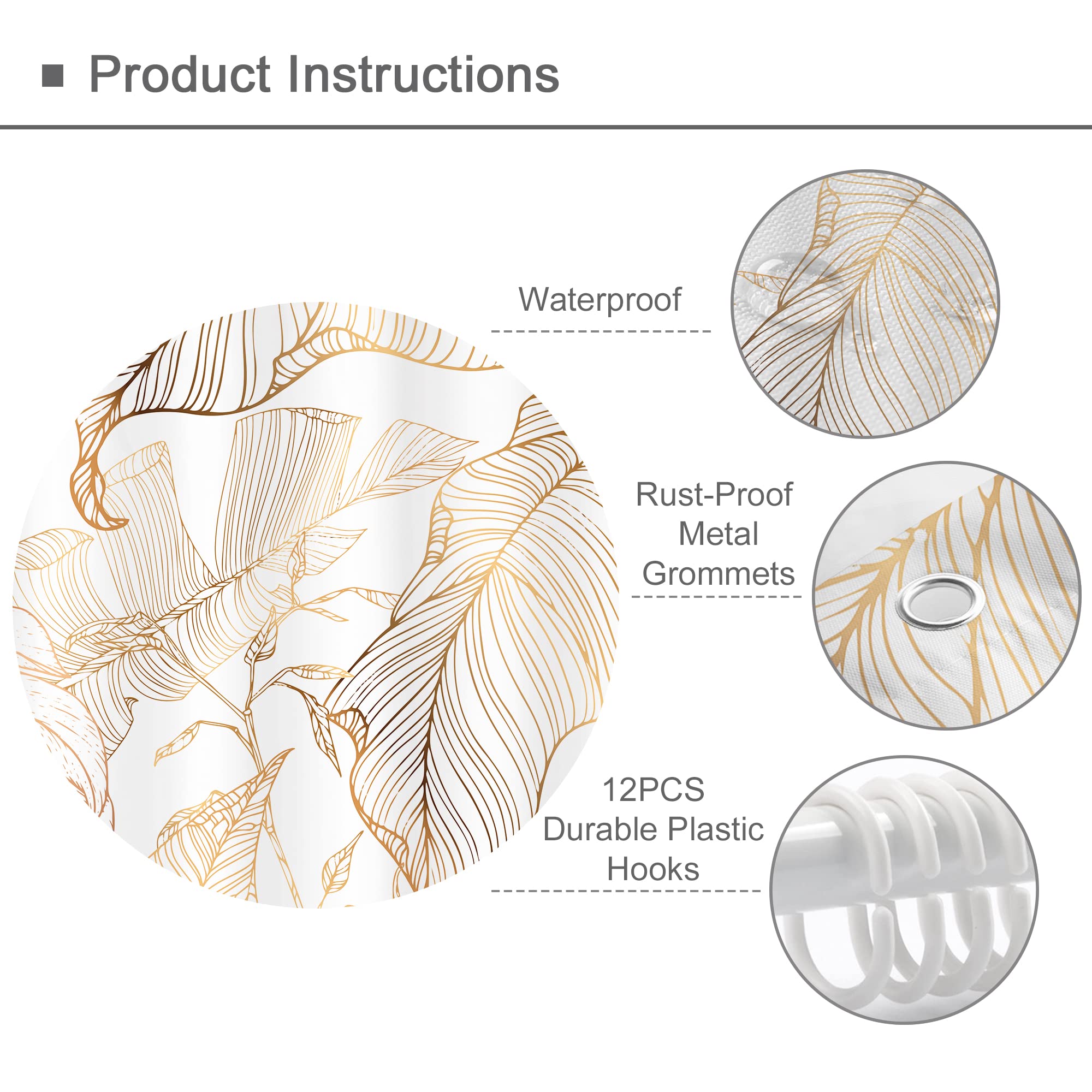 Duschvorhang Mit Pflanzenblatt-Muster – 180x180 Cm, Wasserdichtes Polyester Mit 12 Haken (weiß/gold)
