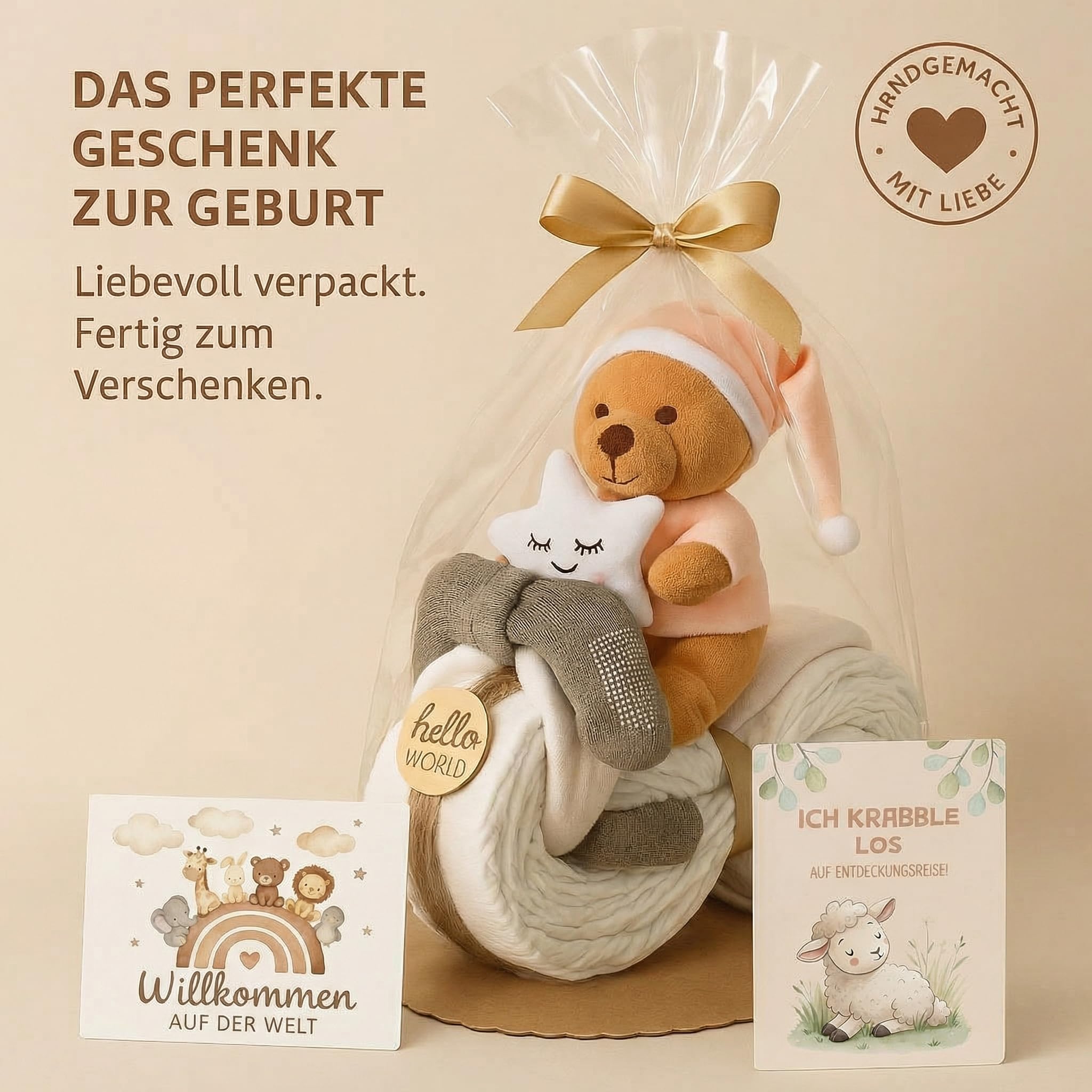 Tarta de pañales para niña y niño con osito de peluche, estilo boho vintage, hecho a mano, regalo para bebé con escudo de Hello World, pañales, calcetines de bebé y pañales premium, pastel de pañales