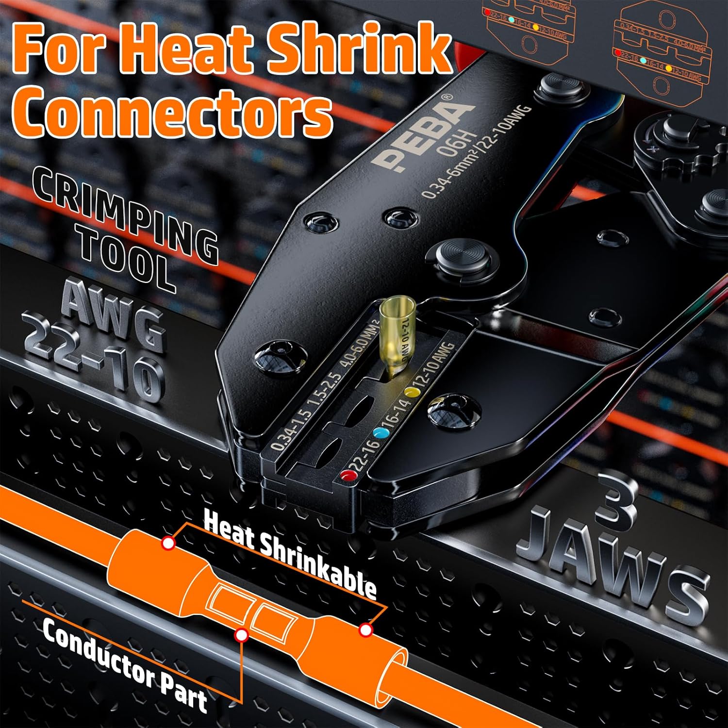 PEBA Crimping Tool For Heat Shrink Connectors 22-10 AWG, with 3 Sizes Heat Shrink Butt Connectors kit - Ratcheting Wire Crimpers - Electrical Crimping Tool Pliers - Ratchet Terminal Crimper（UL Listed）