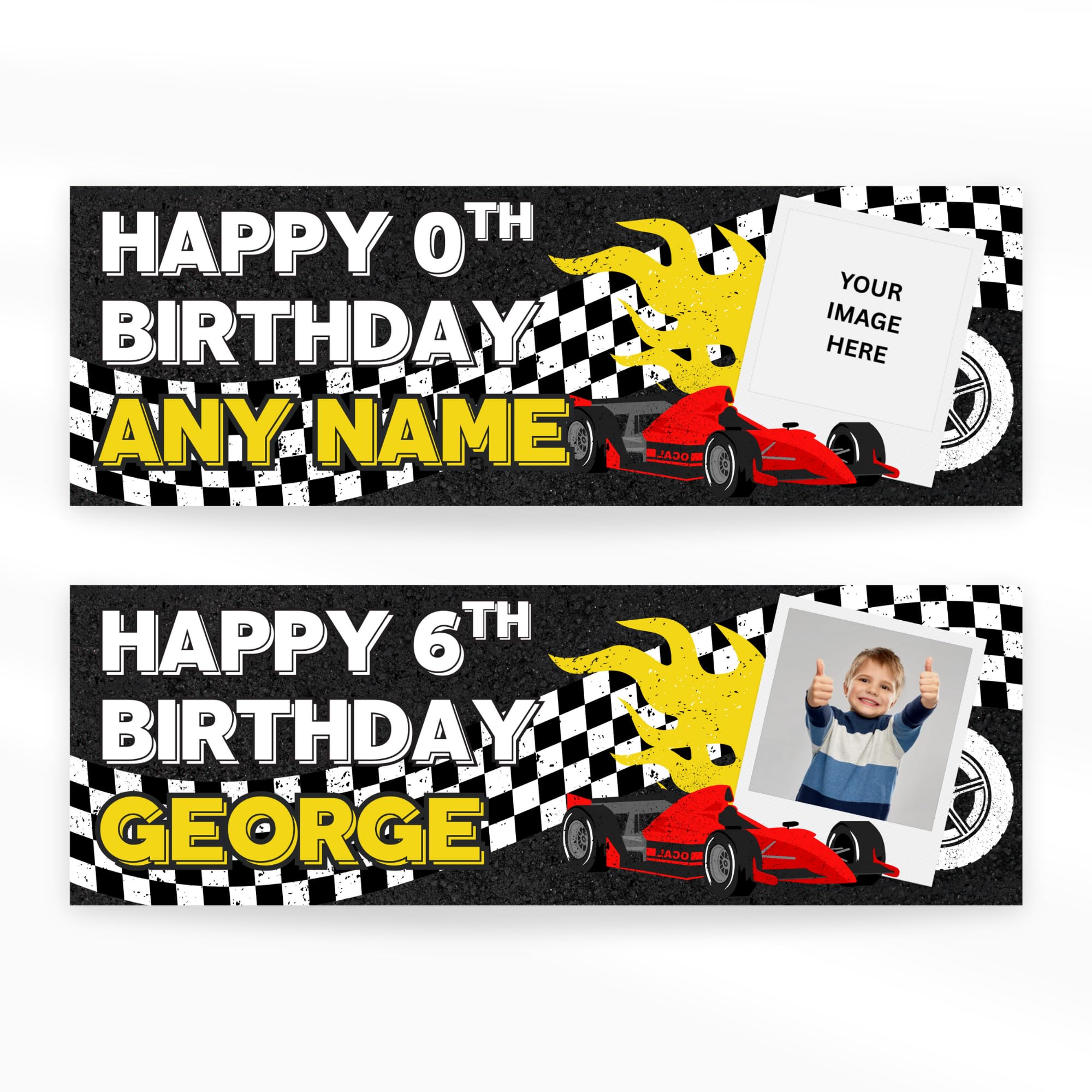 Personalised Racing Car Birthday Banner – Custom Name & Photo | Red Race Car Theme | Birthday Banner for F1 Party Decor