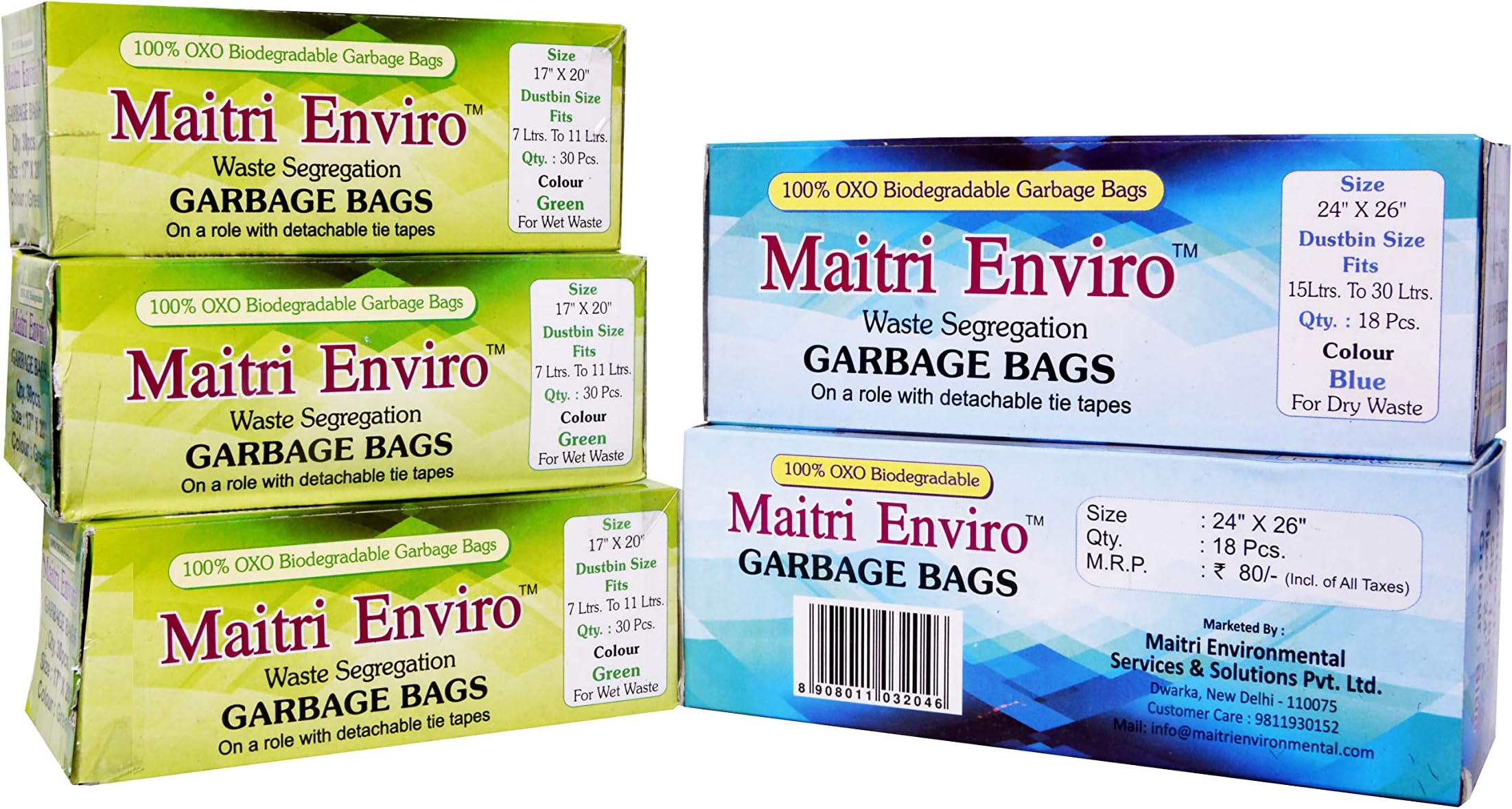 Maitri Enviro Oxo Biodegradable Garbage Bags Roll COMBO 5 Rolls (126 Bags) (Blue , Green)