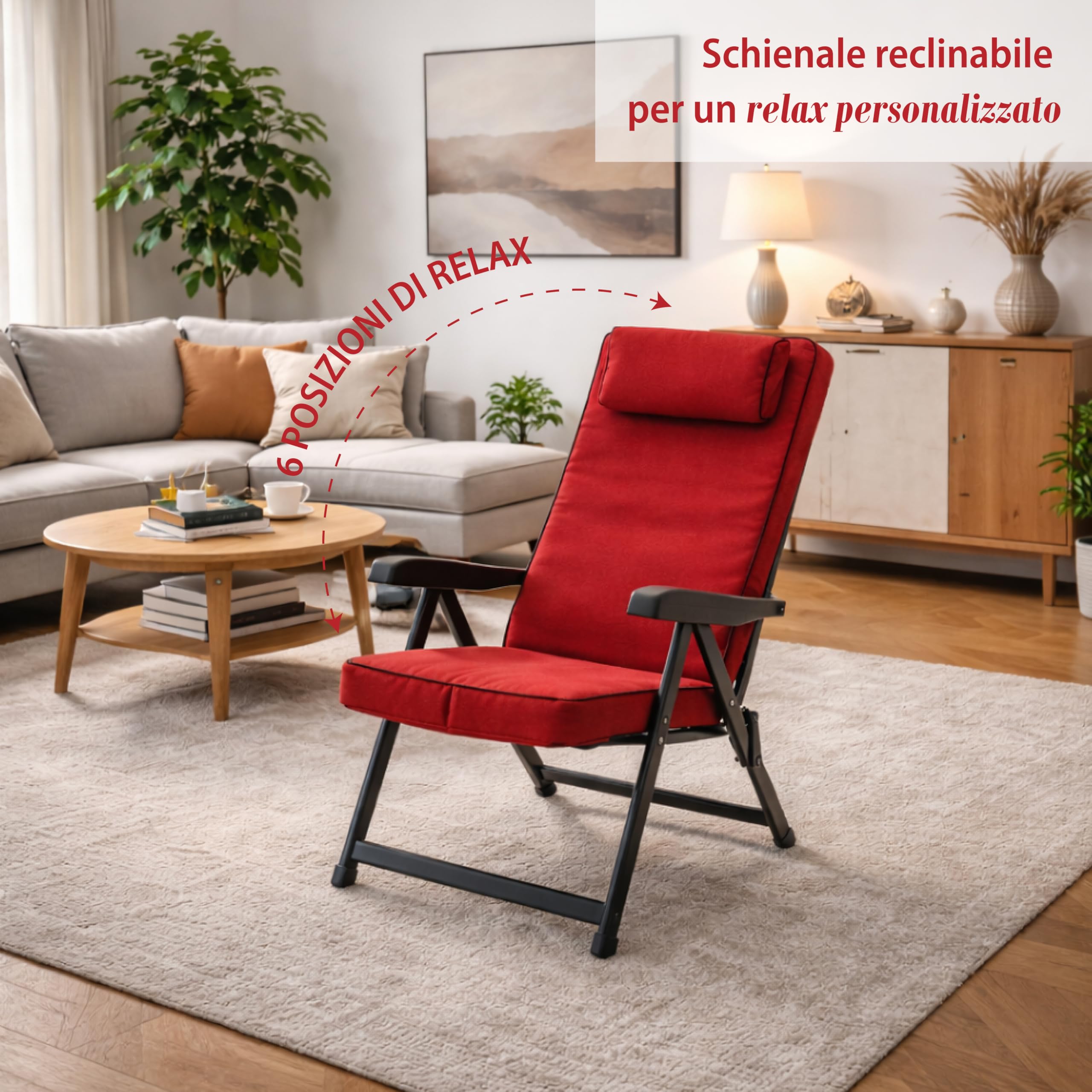 MA MAISON Sedia Reclinabile Imbottita 122x60x61 cm - con Poggiatesta, 6 Posizioni, Braccioli Ergonomici, Struttura in Acciaio, per Interno, Esterno - Made in Italy ROSSO