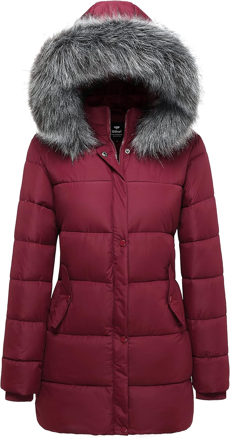 GGleaf Women's Puffer Jacket Winter Hooded Coat Down Alternative Long Parka with Faux Fur Hood - Image 2
