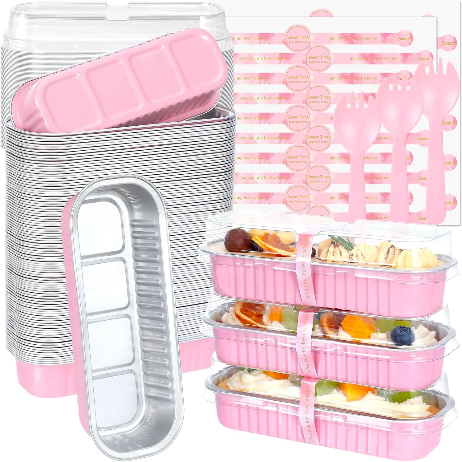 – KAHEIGN 50Pcs Mini Loaf Pans with Lids and Spoons, 200ml Rectangular Aluminum Foil Baking Pans Mini Cake Tins Containers with Sealing Sticker for Bread Cake Wedding Birthday Picnic Party (Pink Silver)