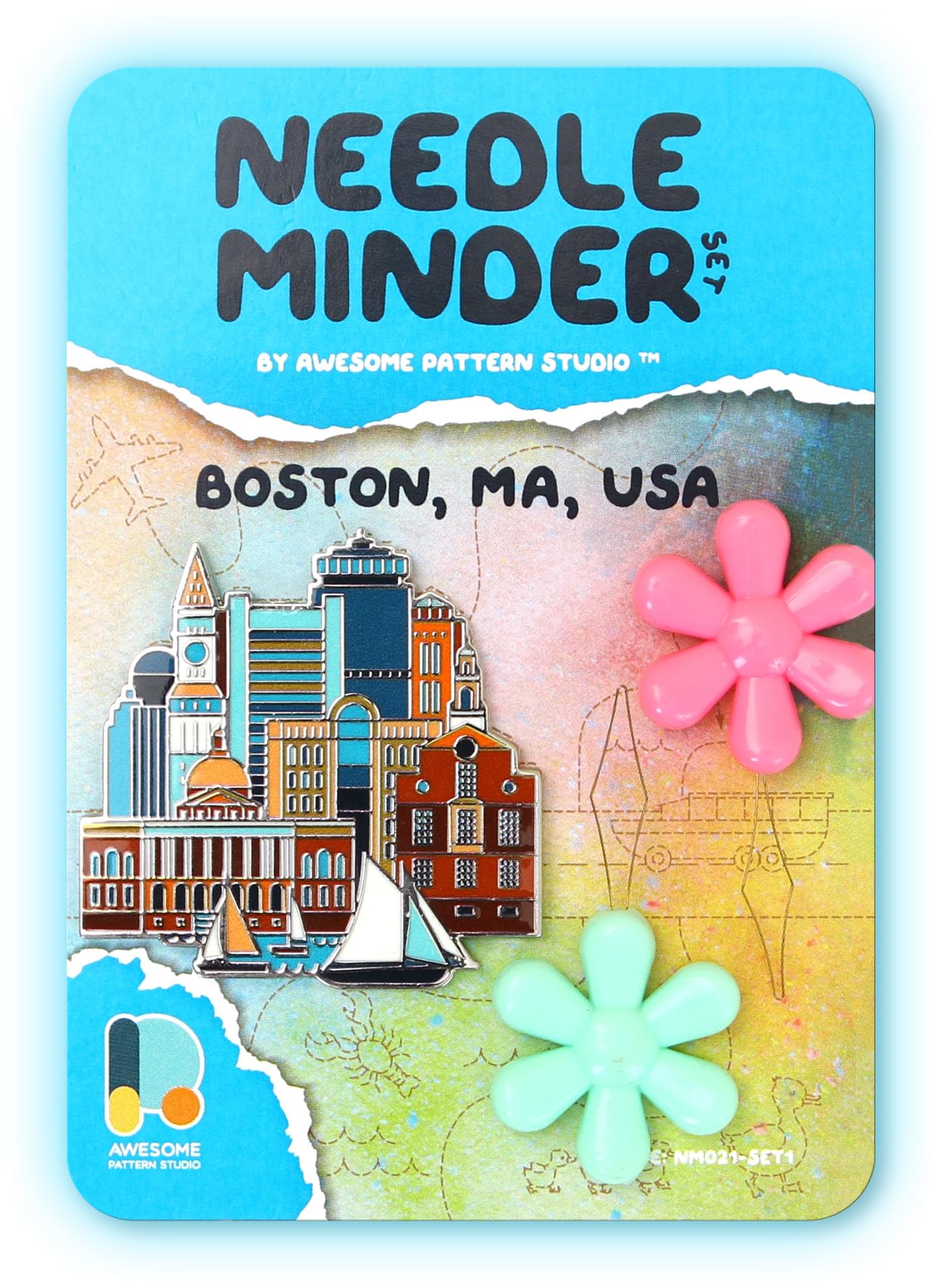 Awesome Pattern Studio Needle Minder Set – Boston Magnetic Needle Minder + 2 Needle Threaders. Enamel Pin for Cross Stitch, Embroidery and Craft