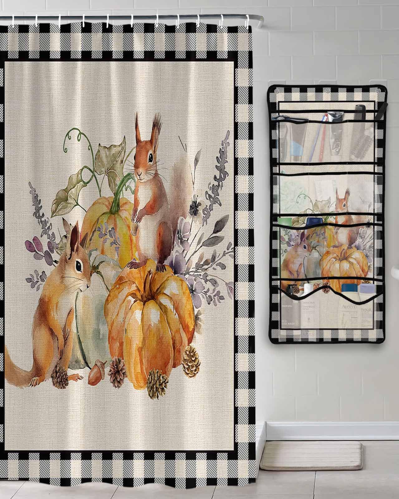 Shower Curtain Mesh Shower Organizer Hanging Set Thanksgiving Pumpkin and Squirrel Black Plaid Waterproof Shower Curtains with 10