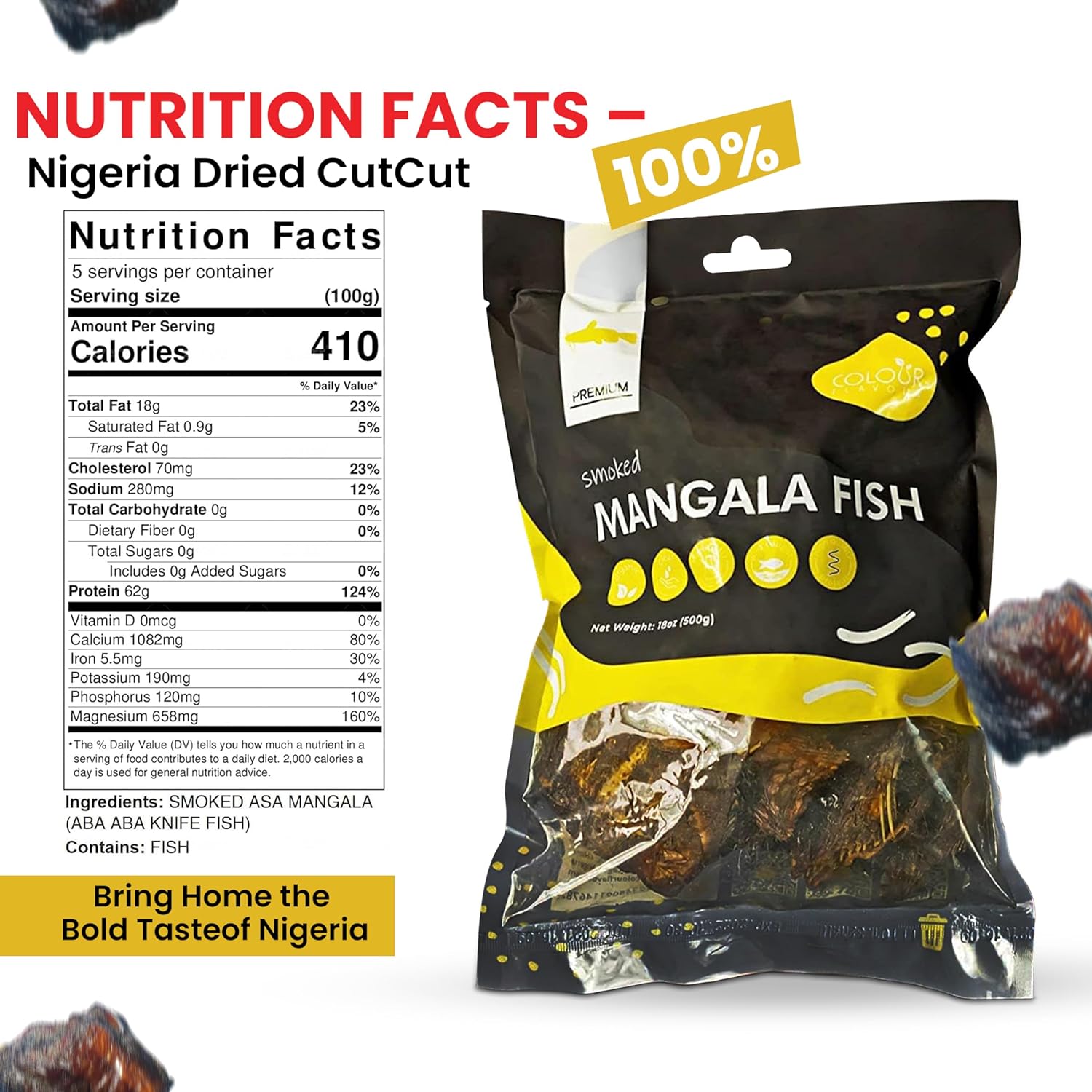 Colour Flavour Smoked Mangala | Premium Nigerian Dried Fish (Cut-Cut) – 100% Natural, Hygienically Prepared | Wood-Smoked for Rich Aroma | 500g (18oz)