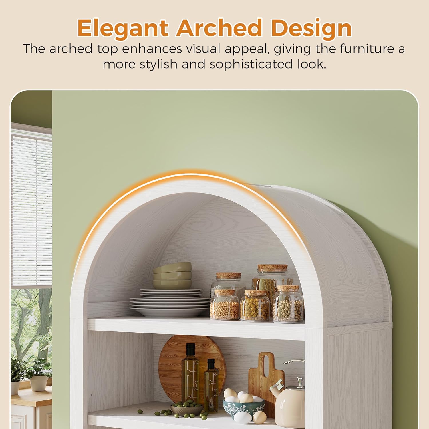 IRONCK 71" Tall Arched Kitchen Pantry Cabinet, Modern Kitchens Storage Cabinet with Open & Adjustable Shelves, Freestanding Cupboard for Living Room, Dining Room, White