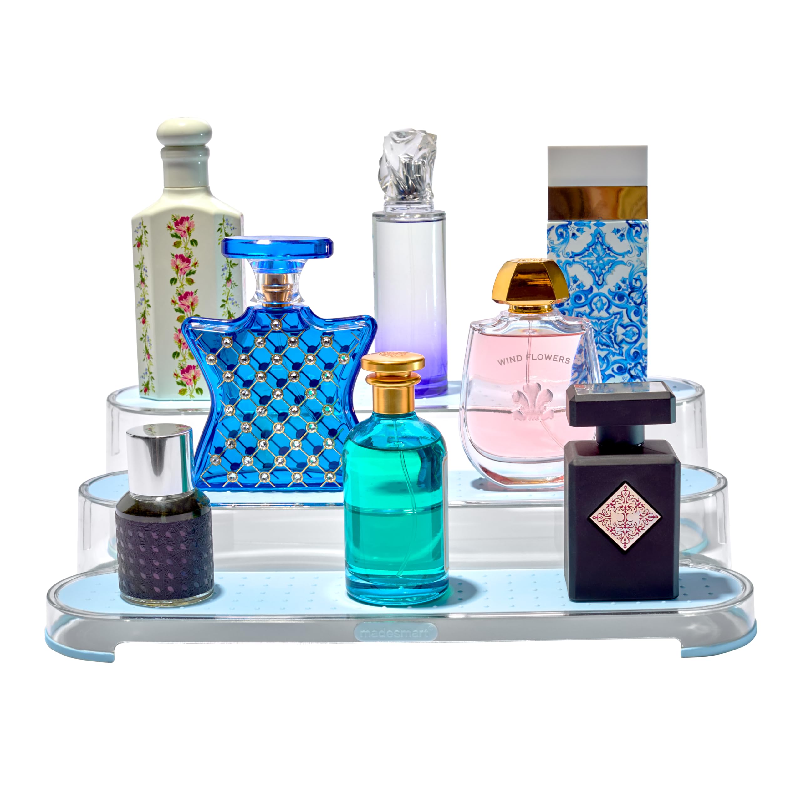 madesmart Clear Shelf Organizer - Blue | BATH COLLECTION | 3-Tier Cabinet or Countertop Organizer | Soft-grip Lining and Non-slip Fee | BPA-Free
